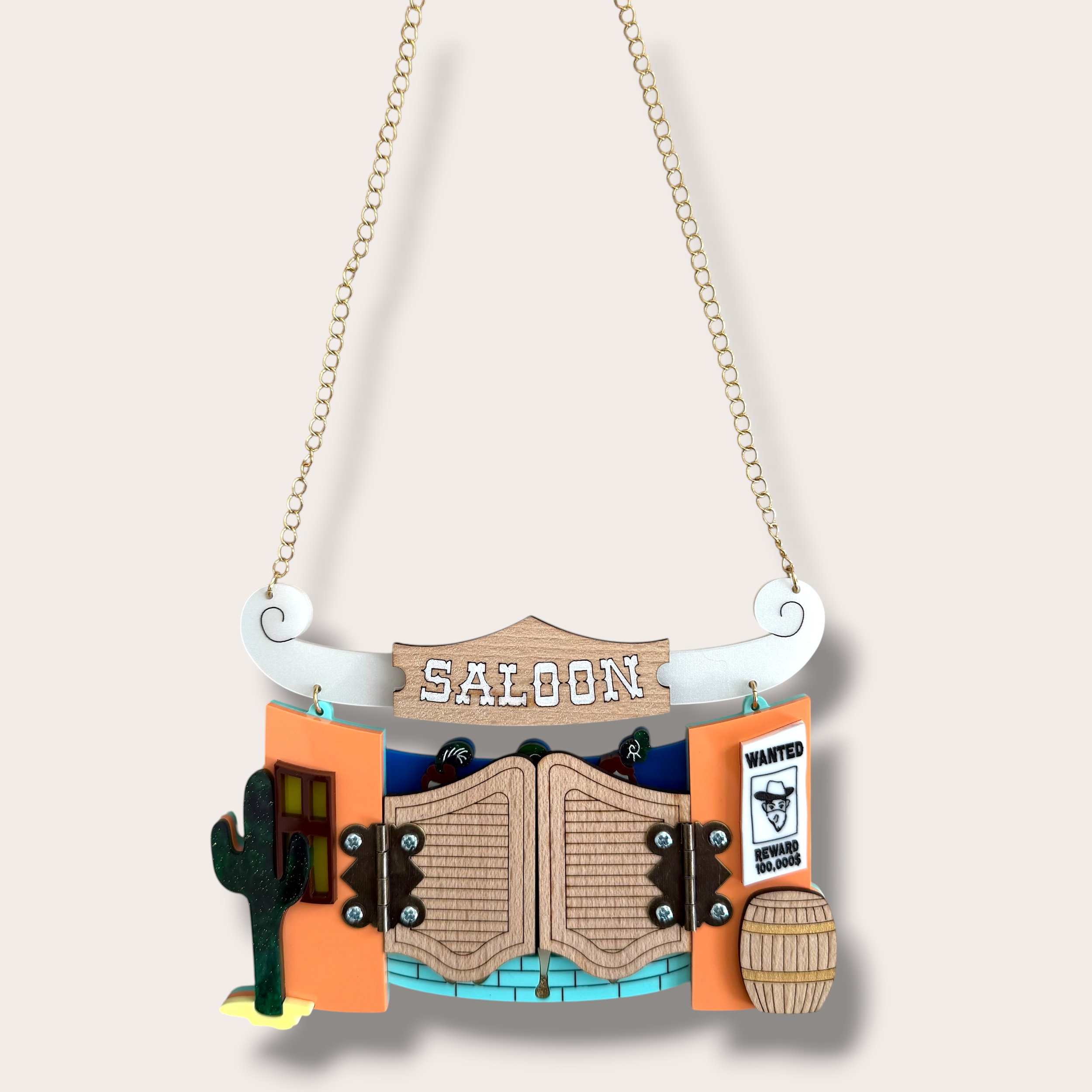 La Vidriola, Open the Saloon Doors, Interactive Acrylic Necklace