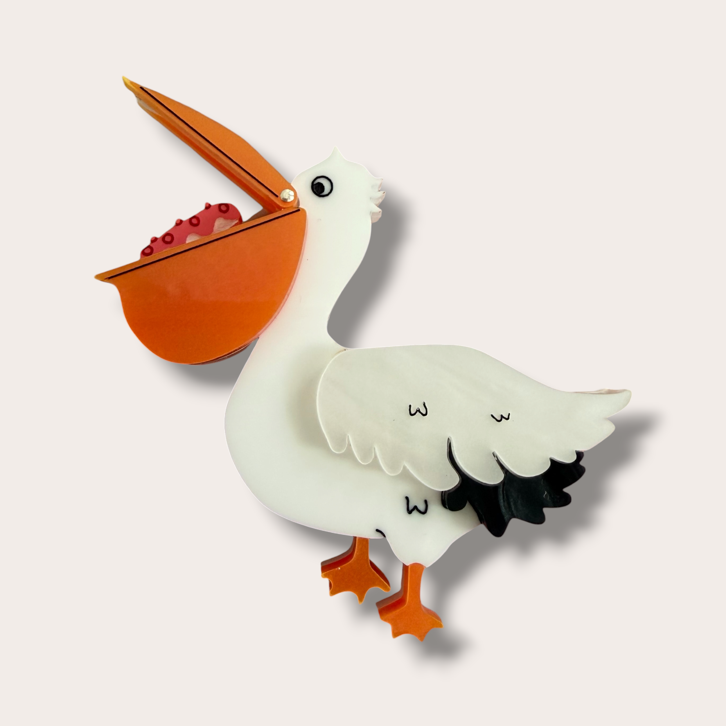 Danilova, La Vidriola, Pelican Open and Close Brooch, Interactive Acrylic Brooch2.PNG