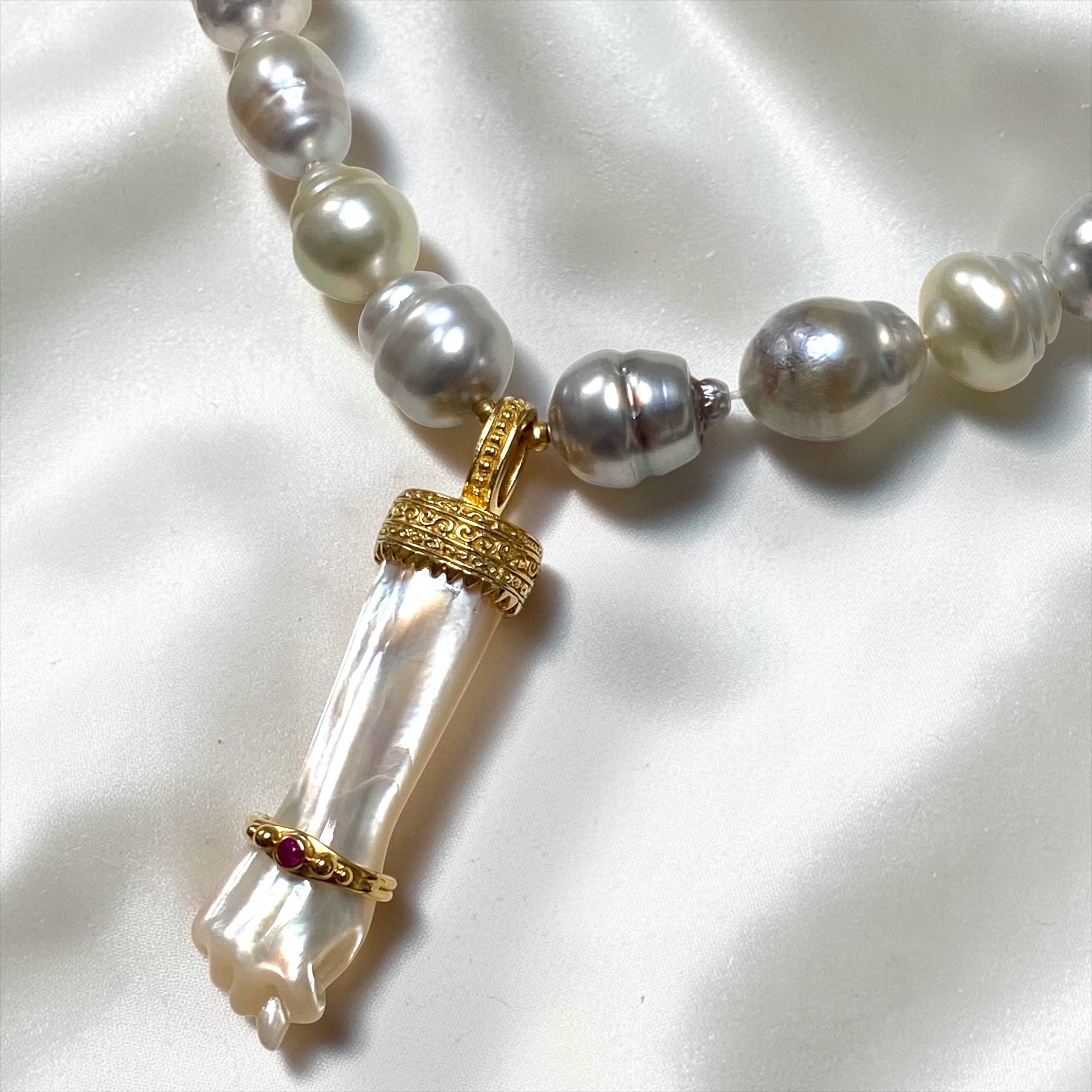 By Danilova, Silver Baroque Pearl, Mother-of-Pearl & Pink Ruby Pendant, Necklace1.PNG