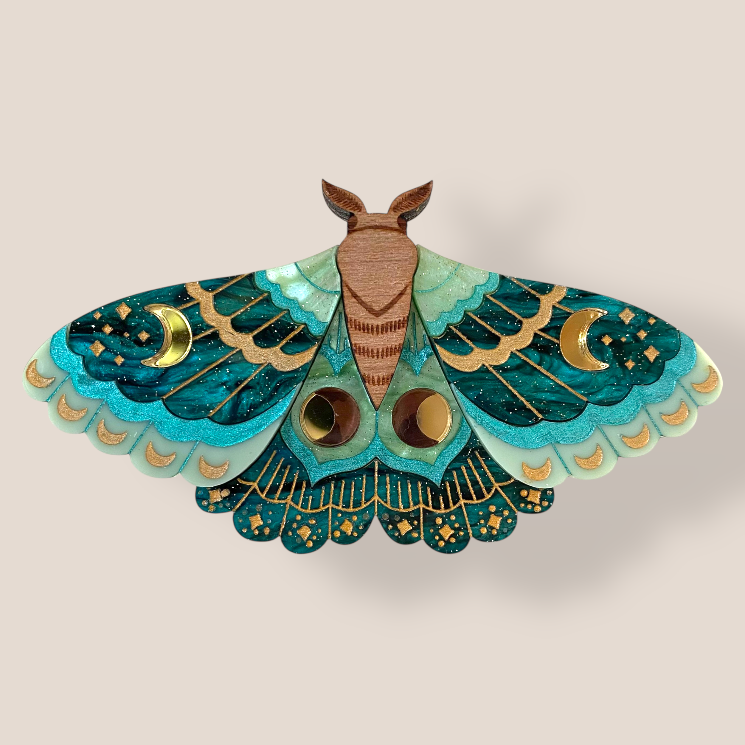 Danilova Jewellery, Peppy Chapette, Emerald Witch Moth (2022) Acrylic Brooch3.png
