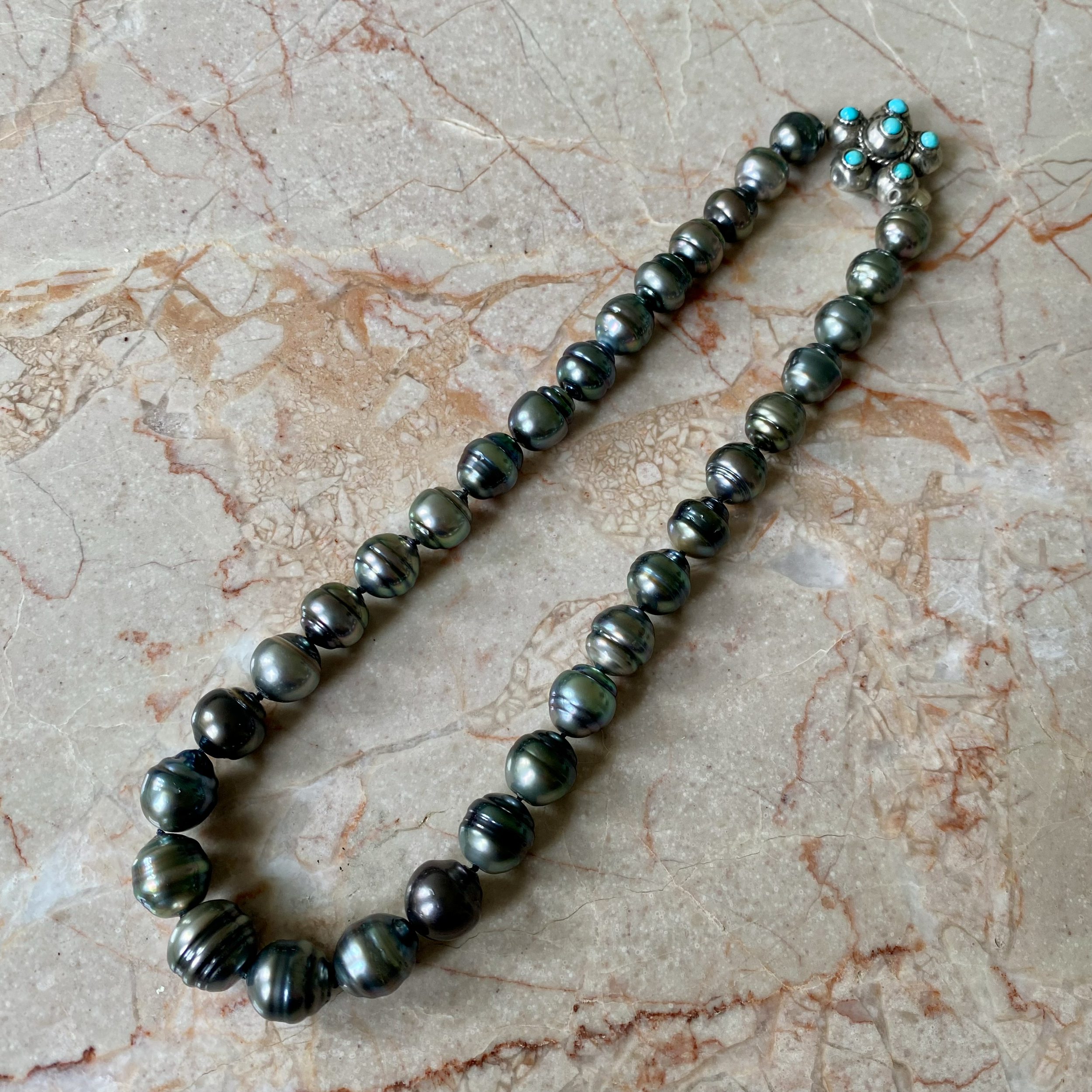 By Danilova, Dark Peacock Pearl and Turquoise Clasp Necklace7.png