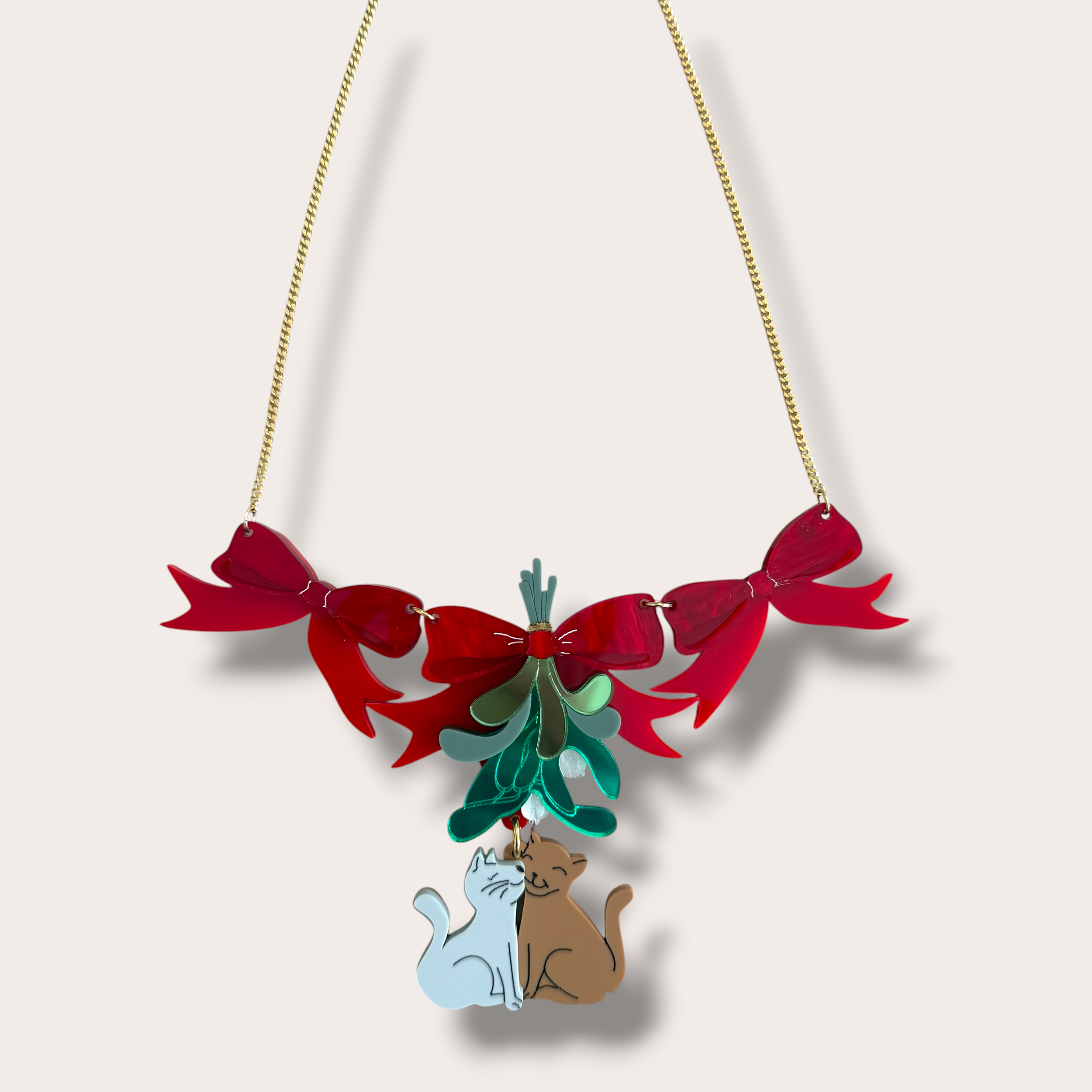 La Vidriola, Meow/Cat Kiss Under the Mistletoe, Acrylic Necklace