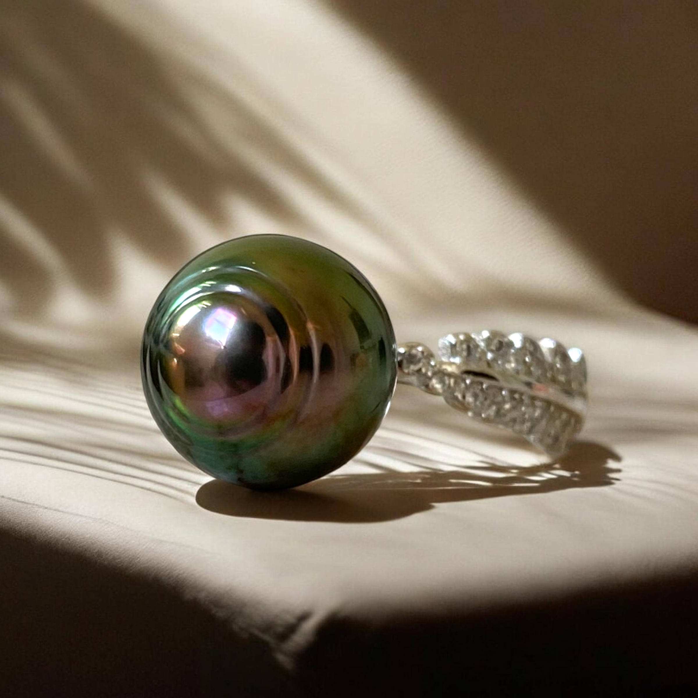 Tahitian, Peacock Pearl Ring in Ornamental Open Gap Silver Setting1.PNG
