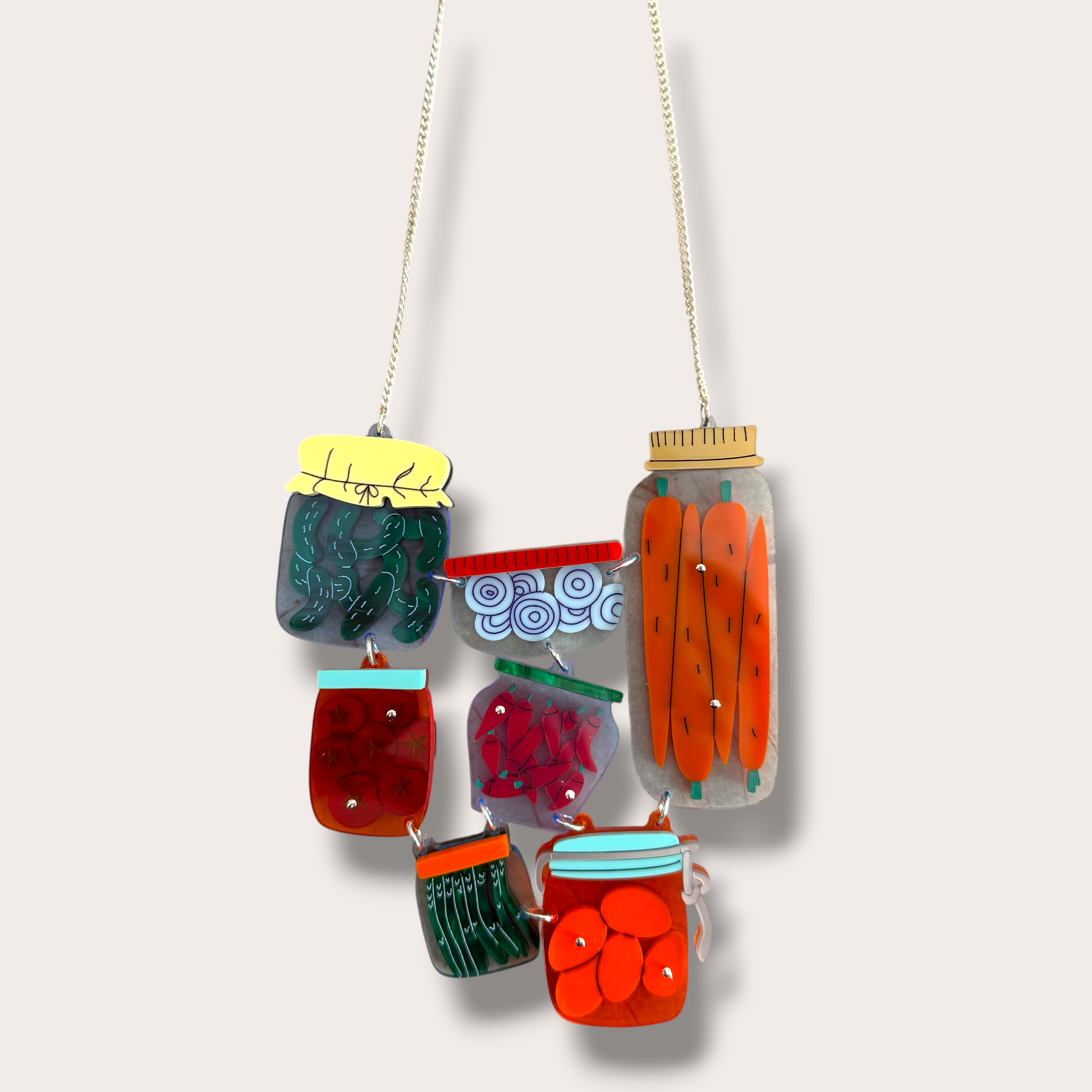 Danilova, La Vidriola, Nana's Vegetable Patch in Jars, Acrylic Necklace3.PNG