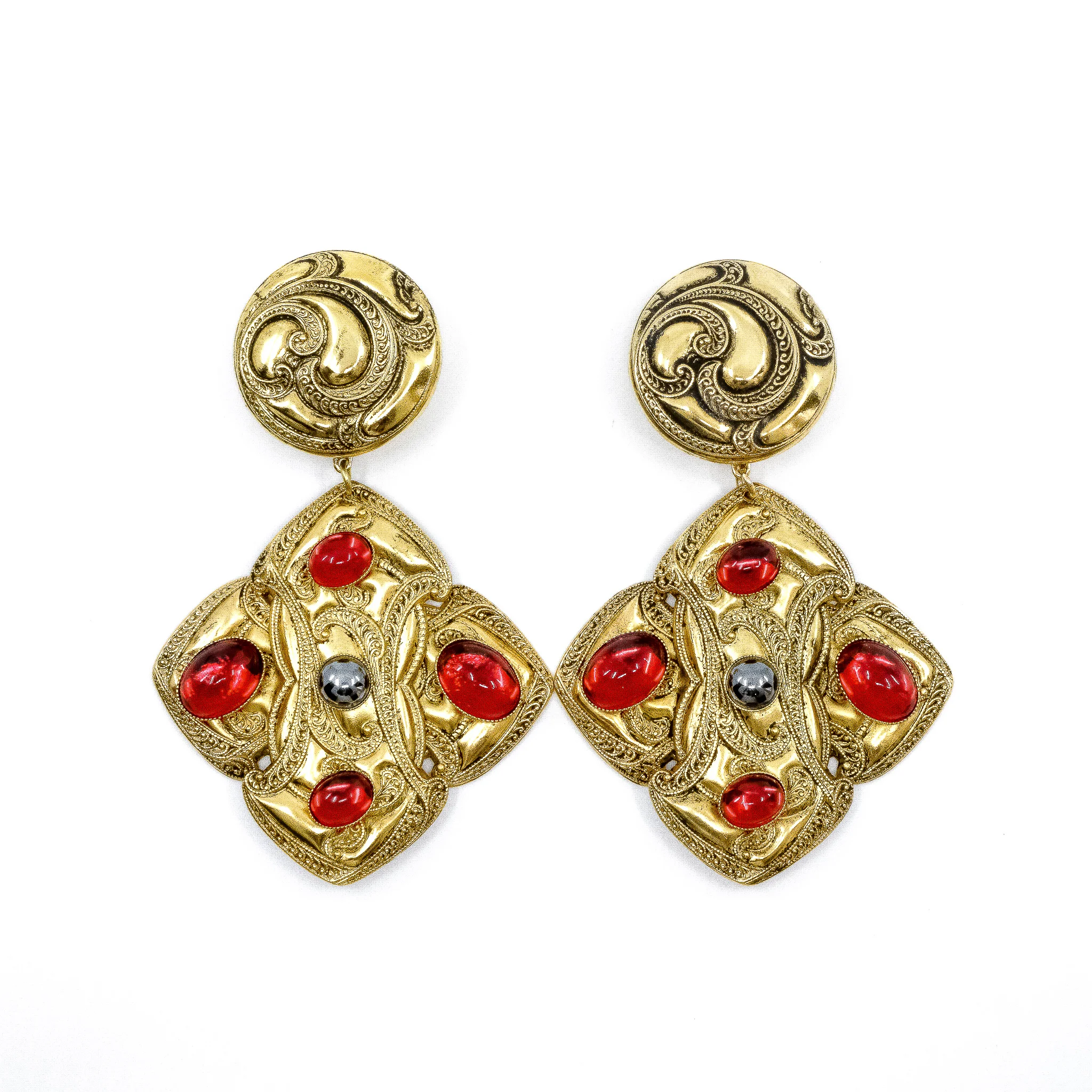 Golden Ornamental Red Clip-on Earrings