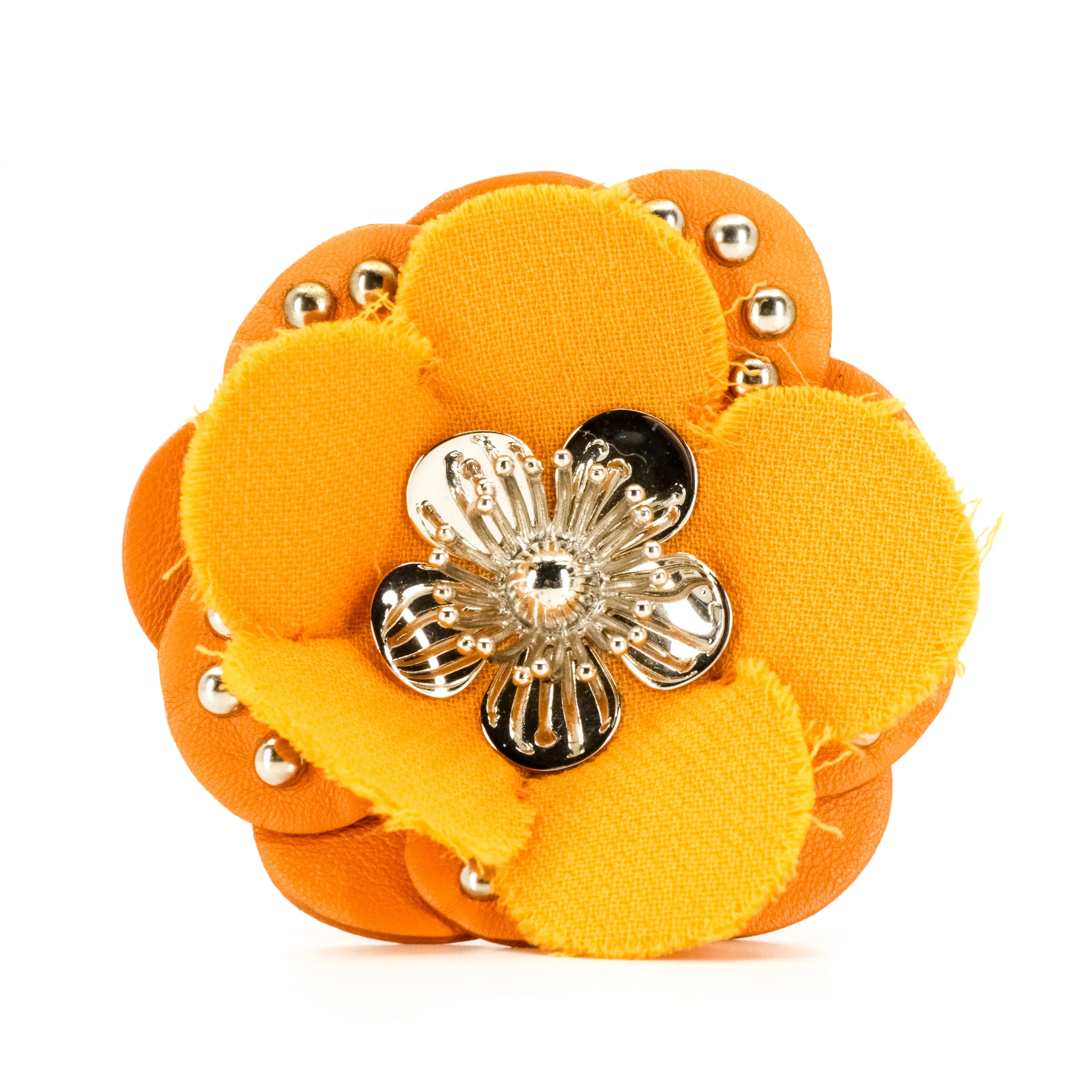 Miu Miu Leather, Metal & Wool Fabric Flower Brooch