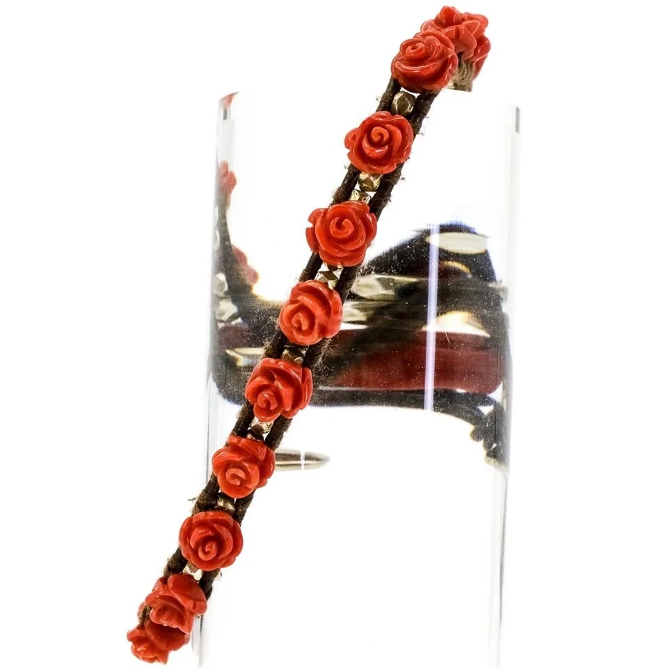 Carved Red Rose Coral Bracelet