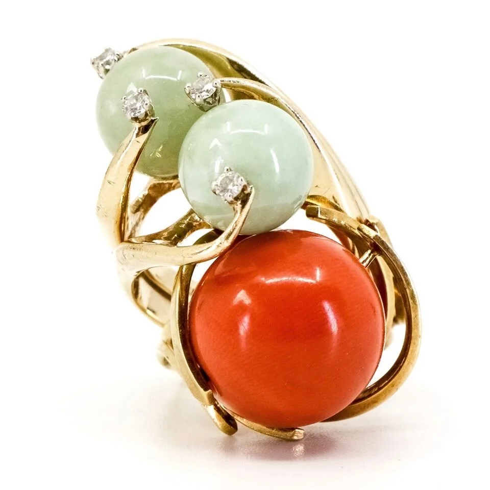 Large and Round, Red Coral, Gold Ring
