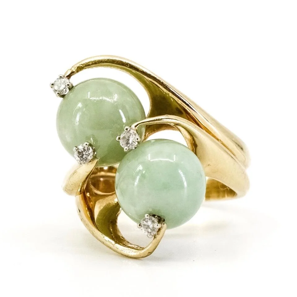 2 Stone, Jadeite and Diamond Ring in Gold