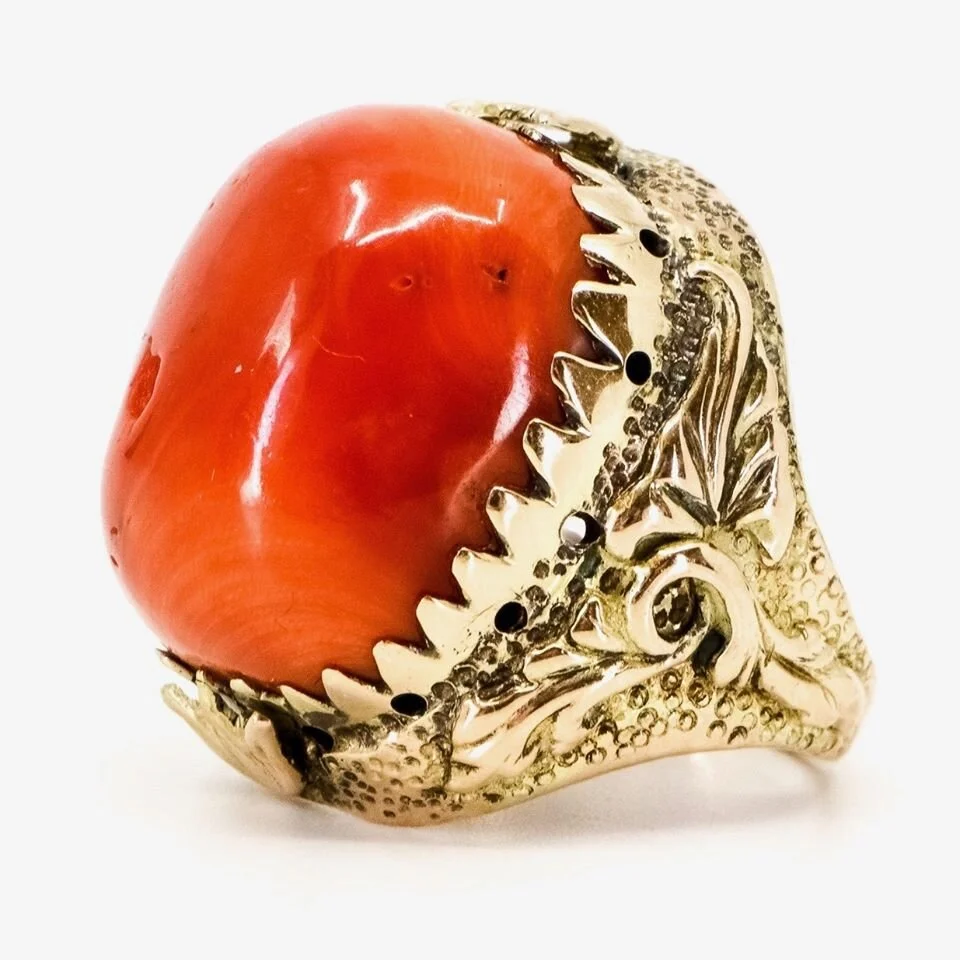 Huge Rectangular Coral and Gold Ring