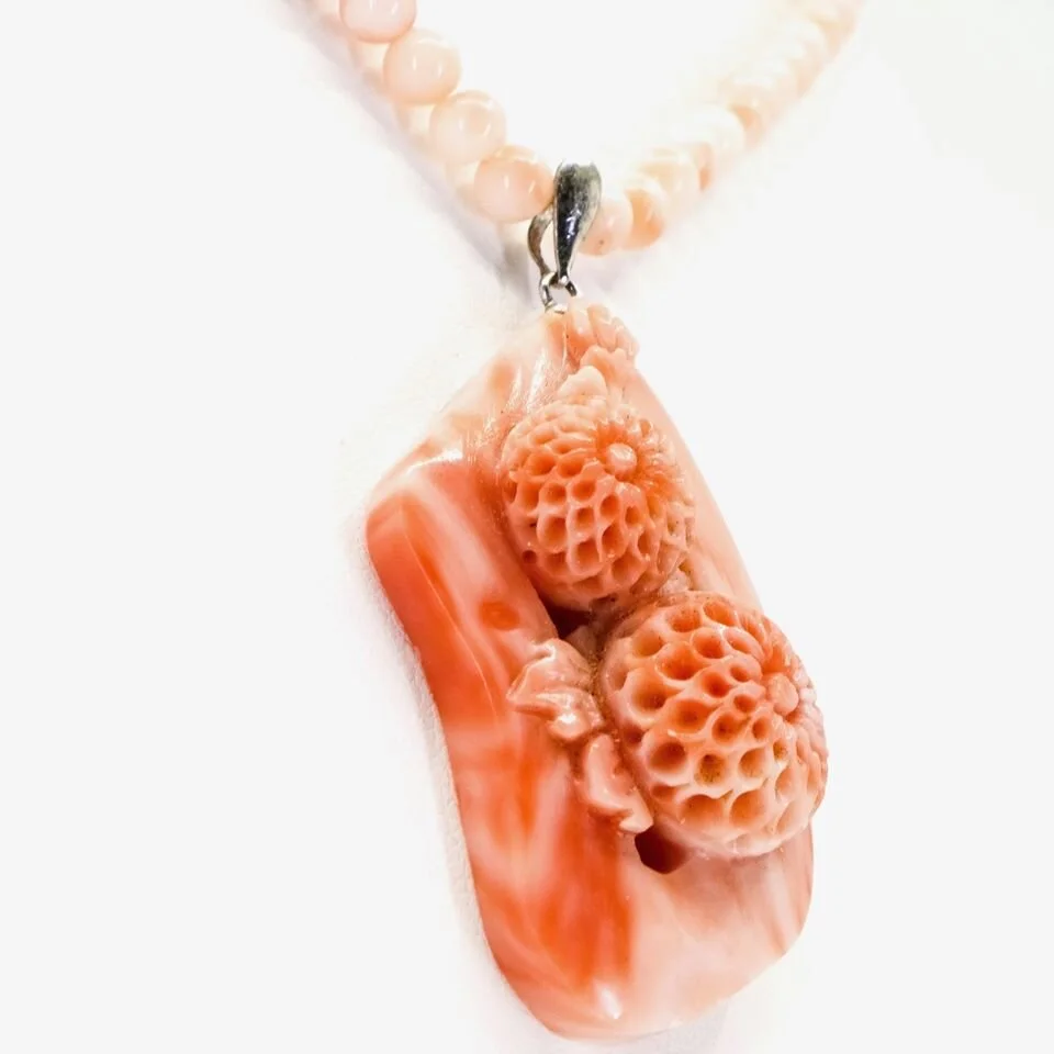 Danilova, Carved Coral Pendant and Necklace