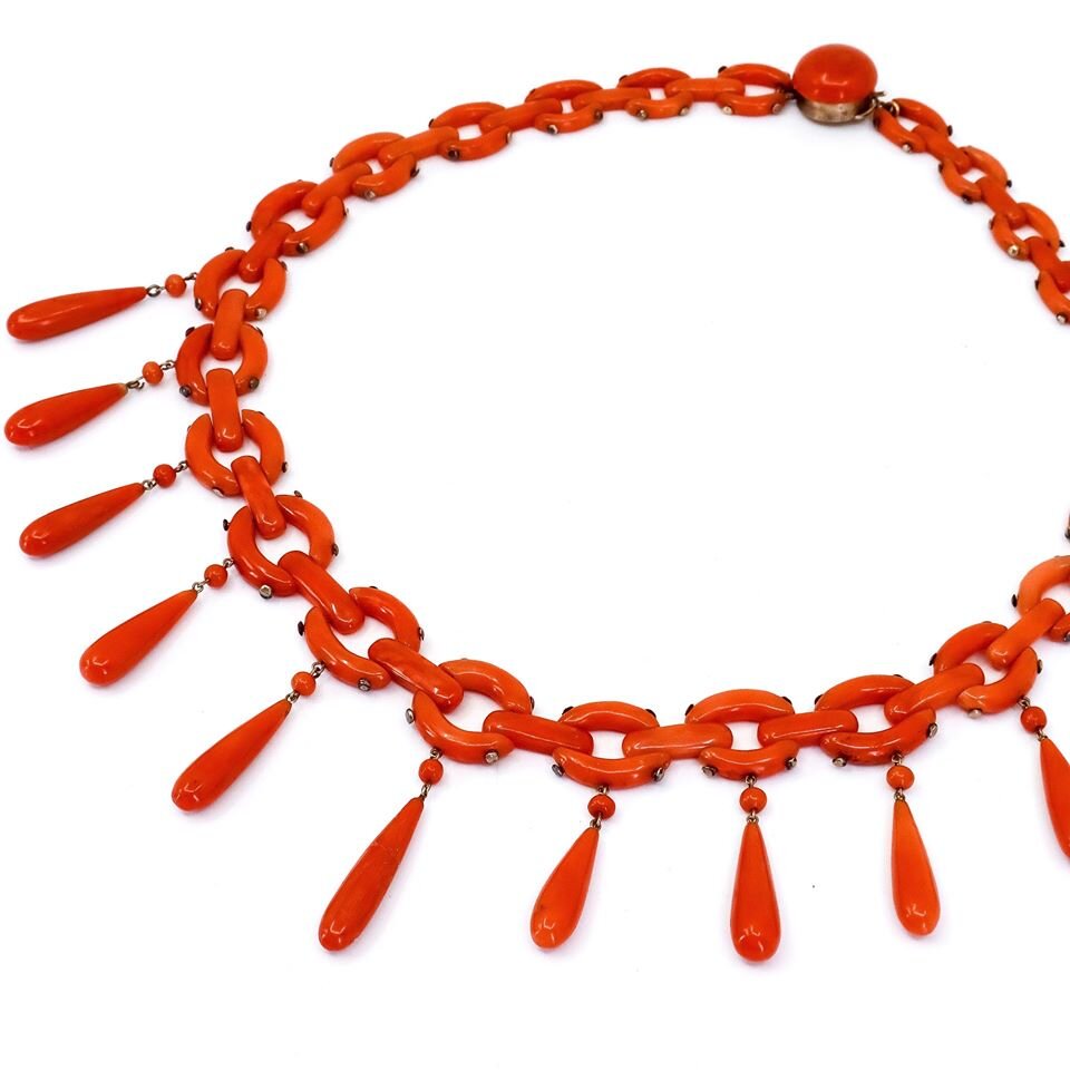Rare Antique Coral, Chain and Drops Necklace 