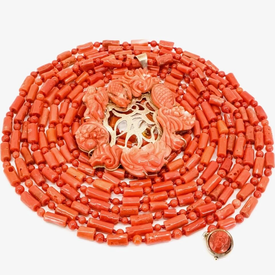 Extra Long Coral Necklace with Double-sided Carved Gold Clasp