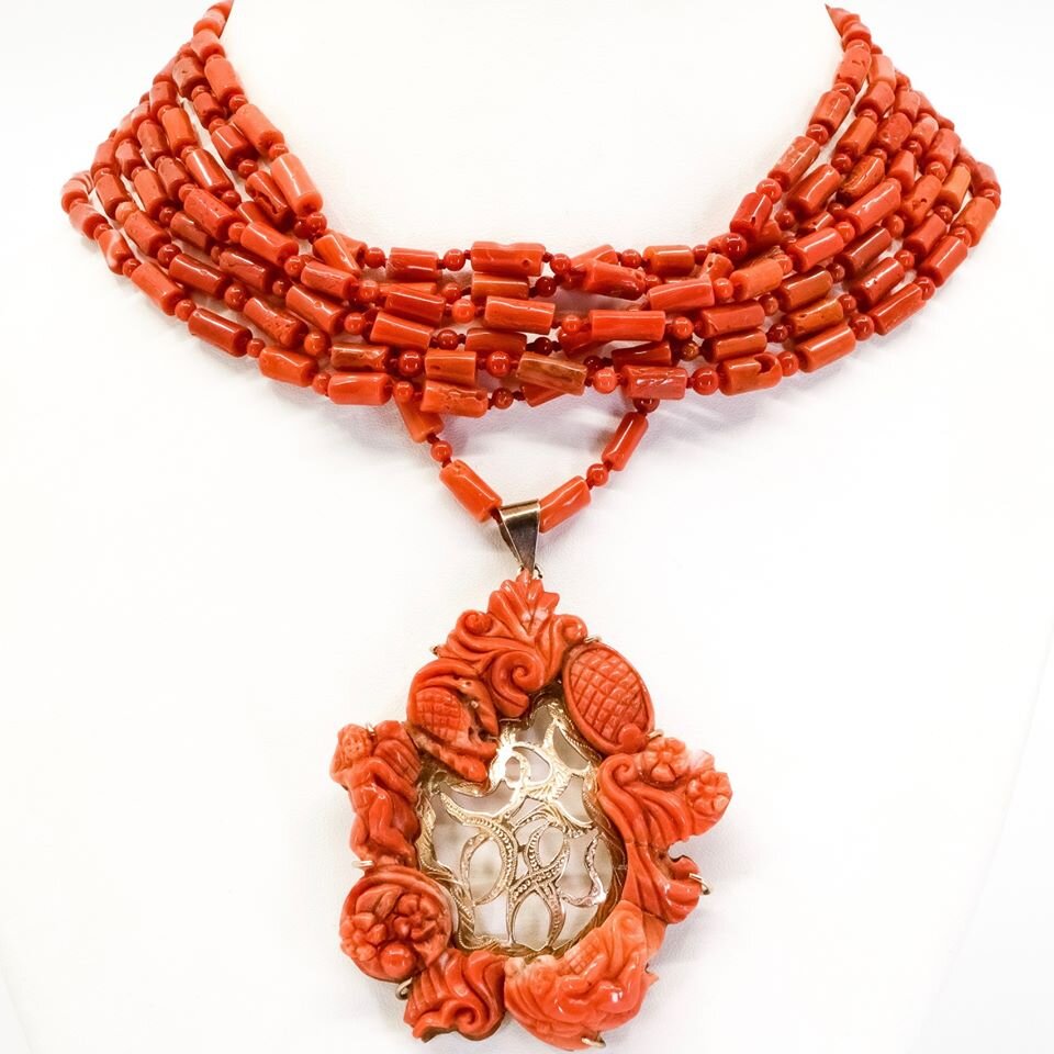 Massive carved Angel Skin Coral necklace