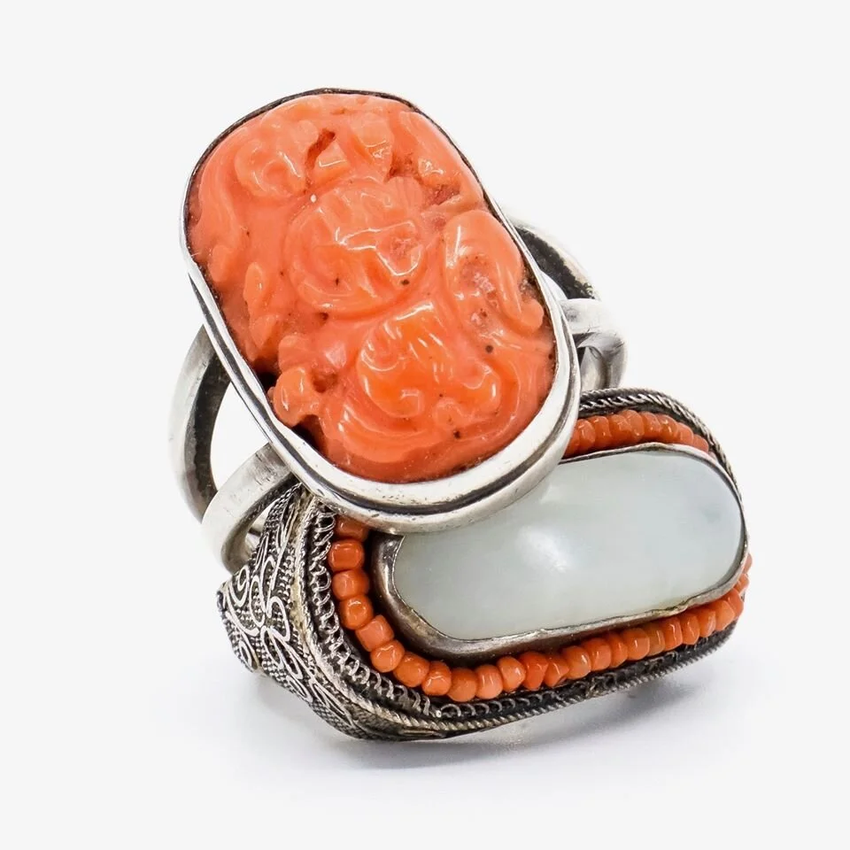 Antique, Chinese, Coral and White Jade Rings