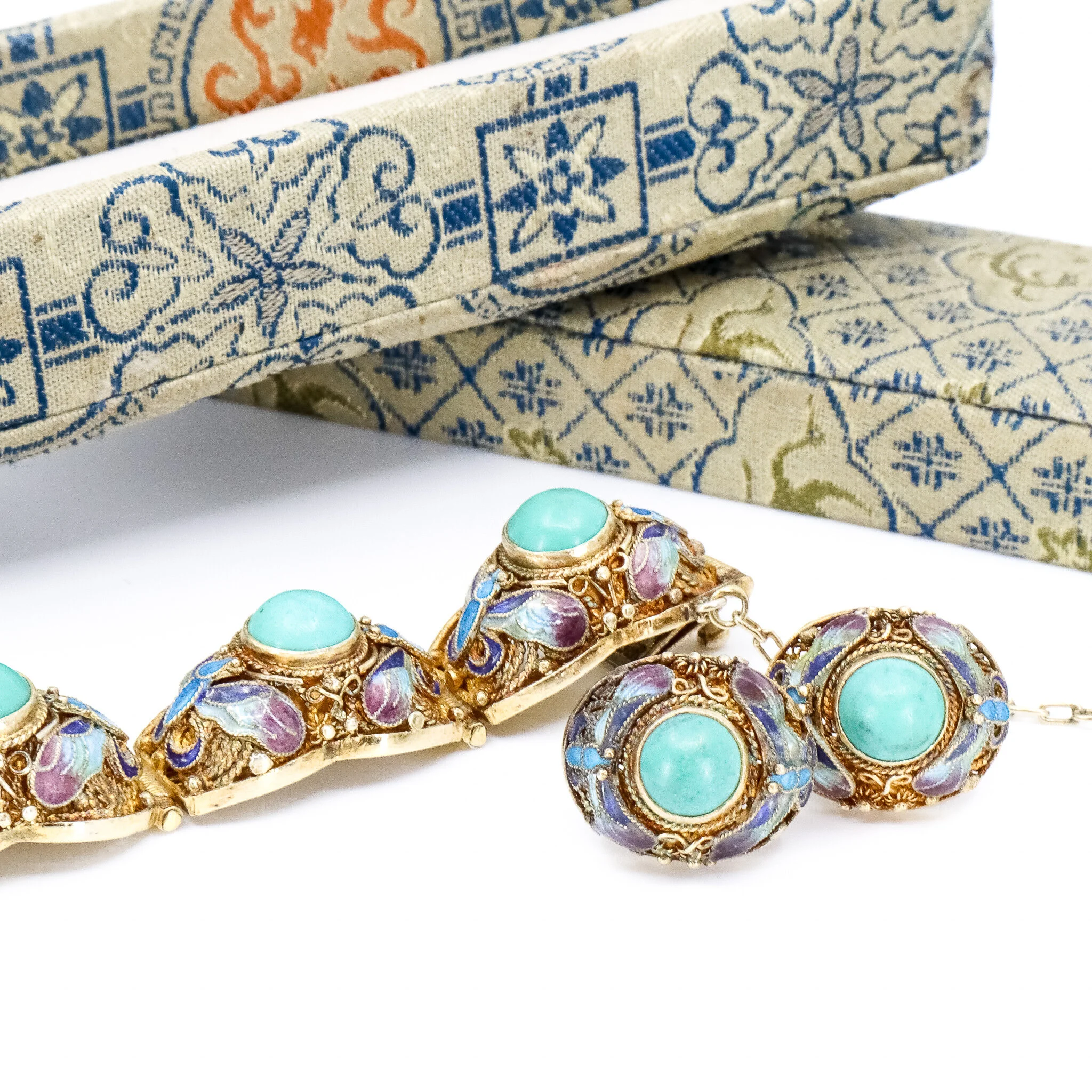 Chinese Export, Gilded Silver + Turquoise Bracelet and Earrings