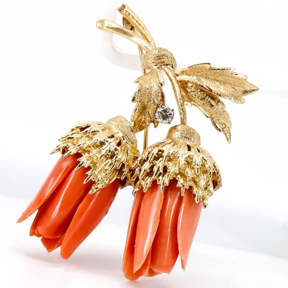 Coral and Diamond Flower Brooch in Gold