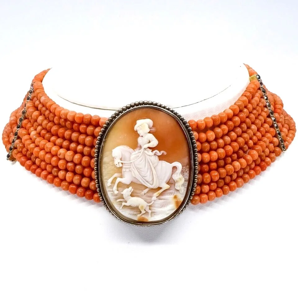Antique Coral and Cameo, 8-row Chocker Necklace