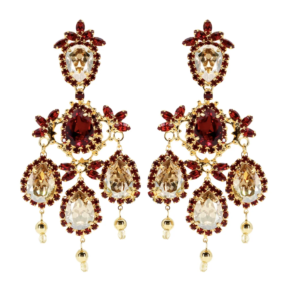 Moans Couture, Chandelier Crystal Red and Gold, Clip-on Earrings