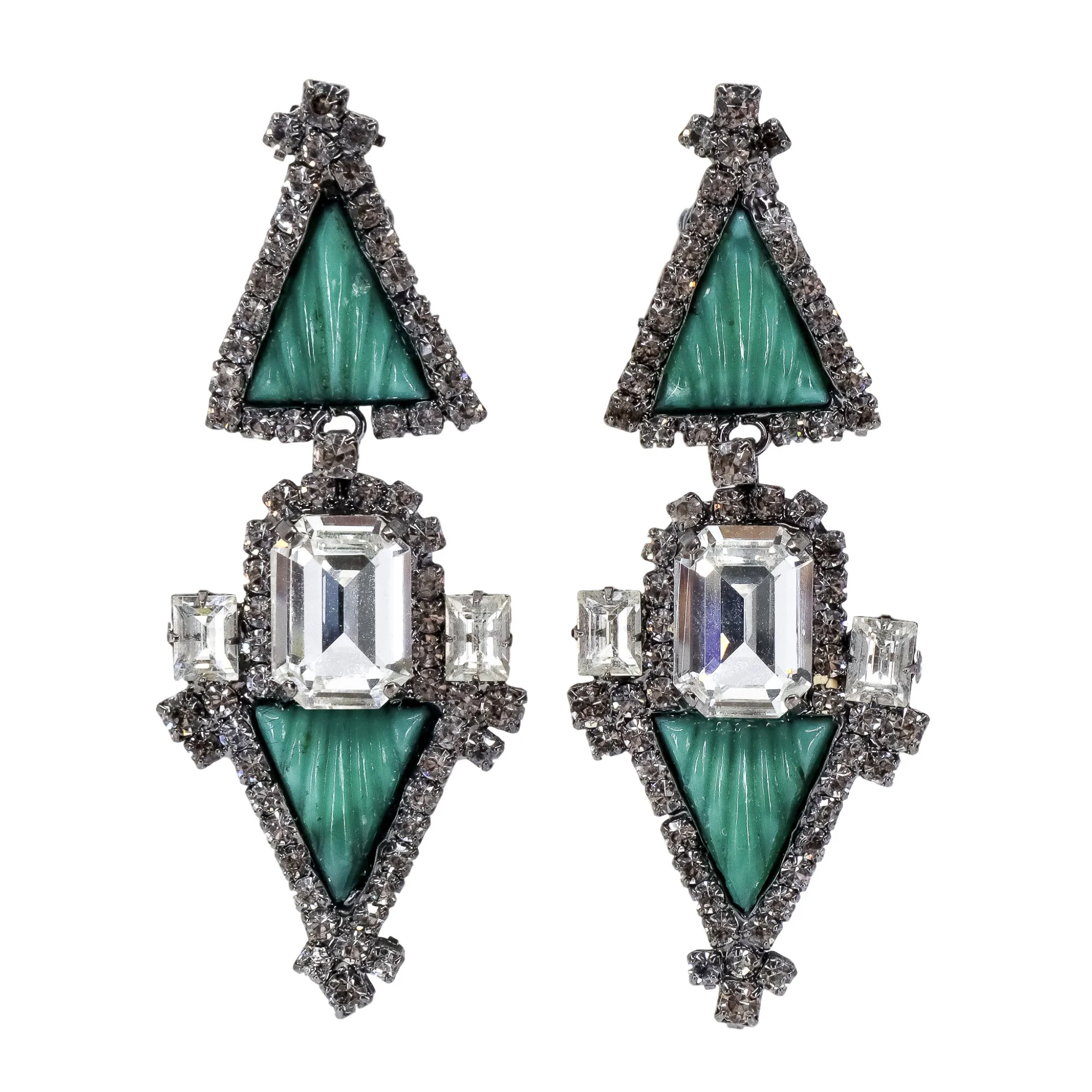Moans Couture, Crystal Green, Art Deco Clip-on Earrings