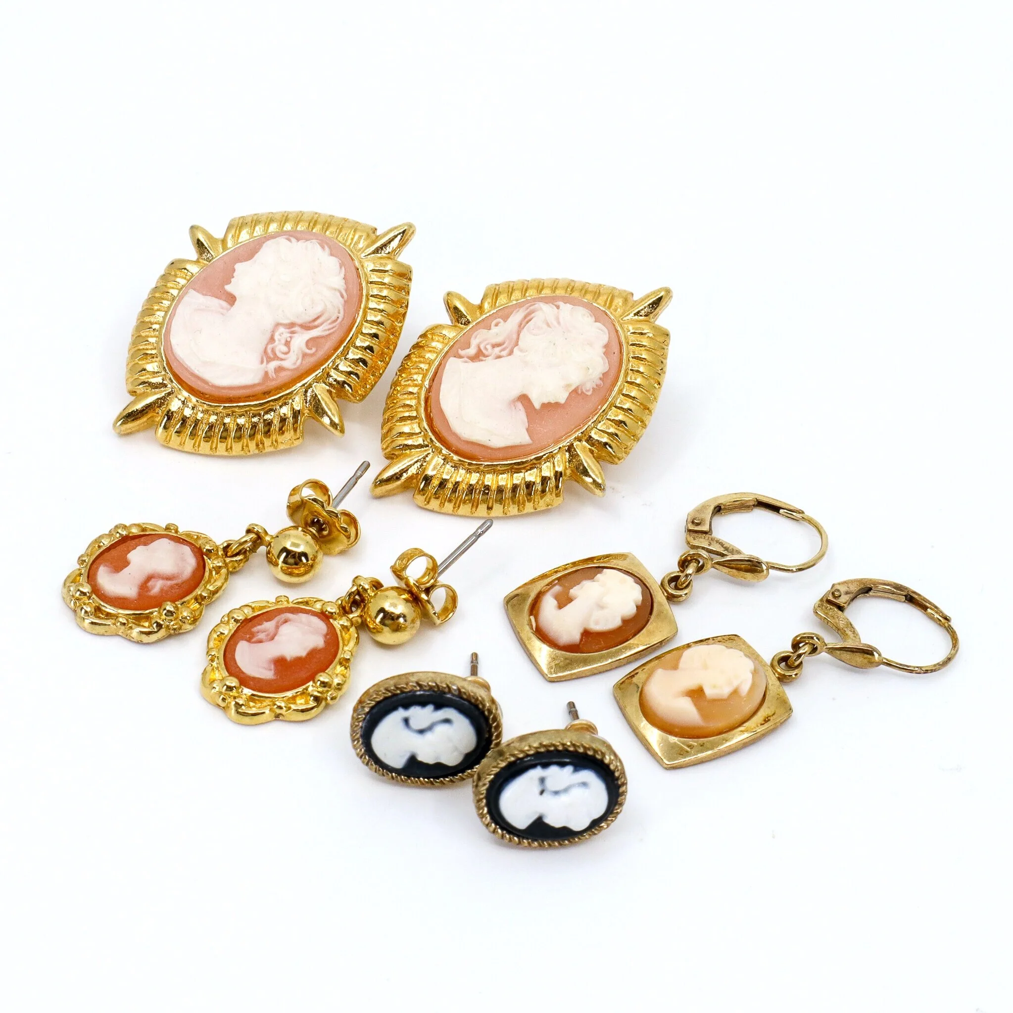 Vintage, Set of 4, Carved Shell and Imitation, Cameo Earrings
