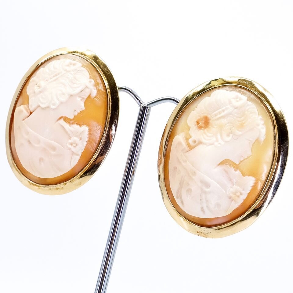 Vintage, Carved Shell, Large Cameo Earrings set in Gold