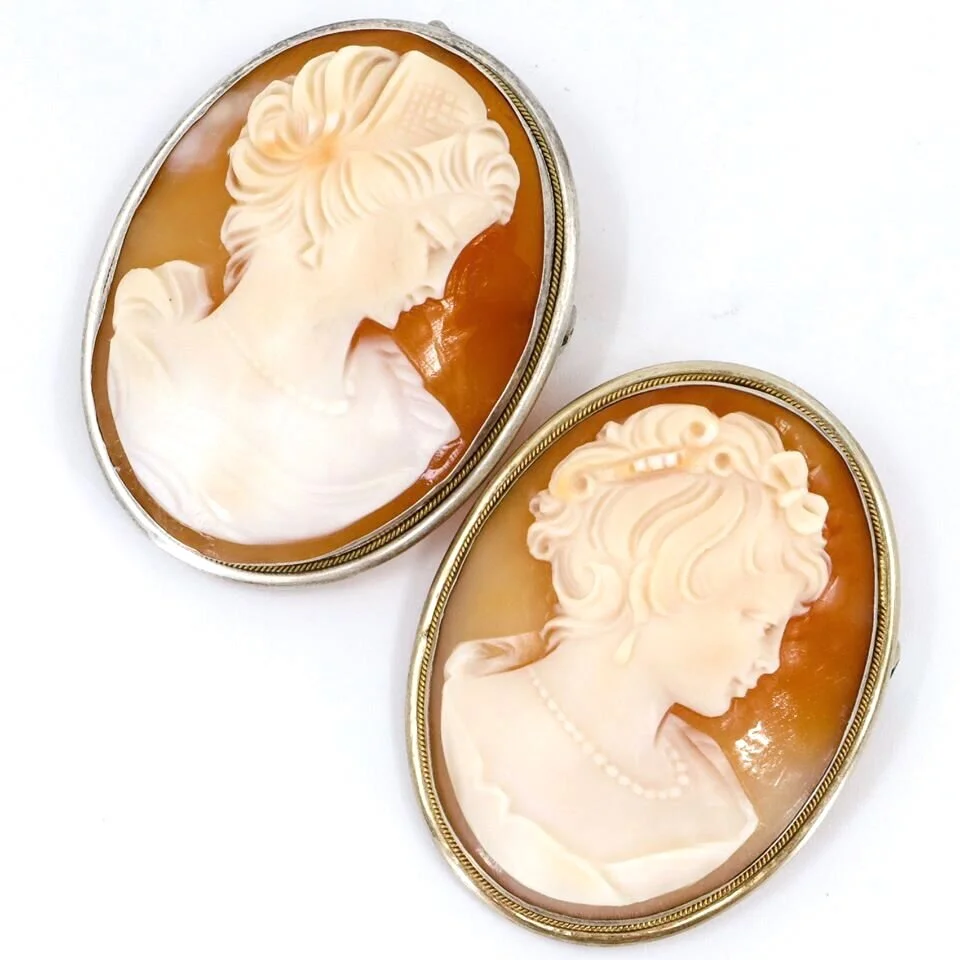 Vintage, Pair of Carved Shell, Cameo Brooches