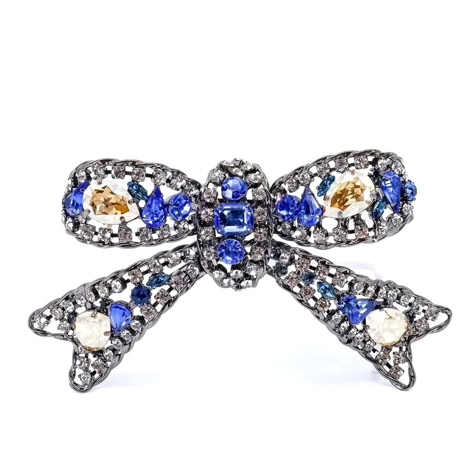 Moans Couture, Blue and Silver, Crystal Bow, Brooch 