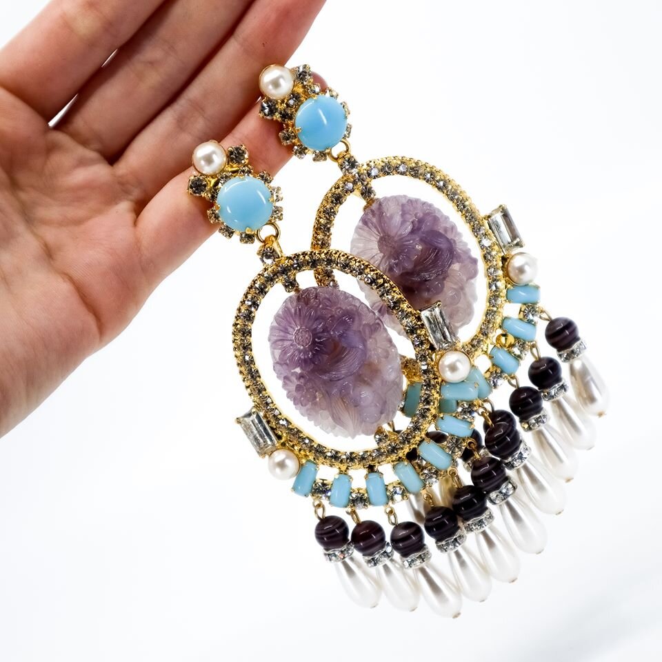 Moans Couture, Floral Cameo and Faux Pearl, Clip-on Earrings