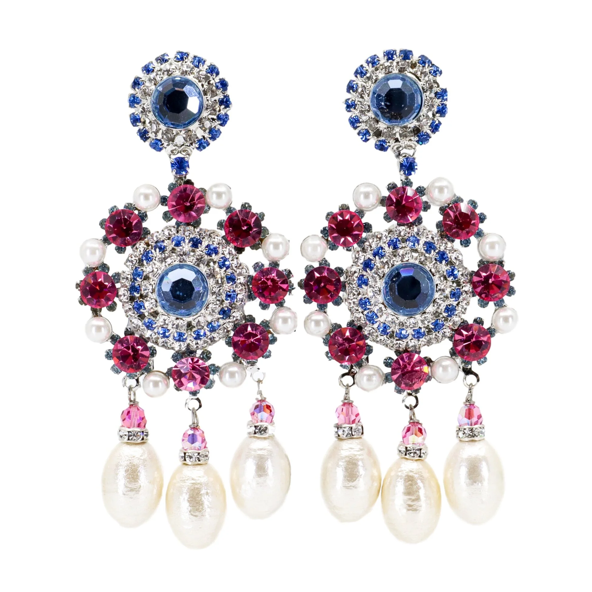 Lawrence Vrba, Round Crystal and Faux Pearl, Clip-on Earrings