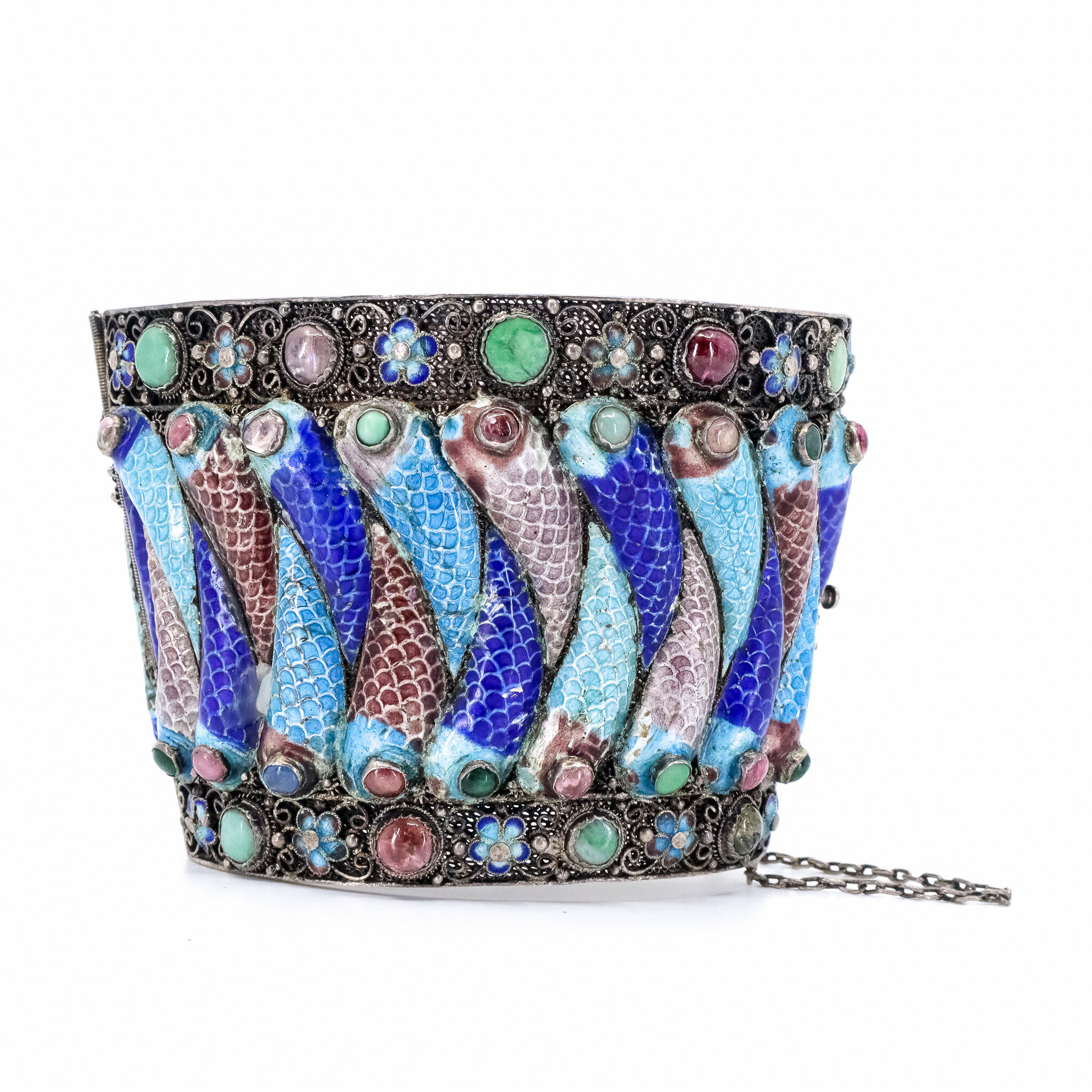 Antique, Old Chinese Export, Enamel and Tourmaline, Fish Bracelet