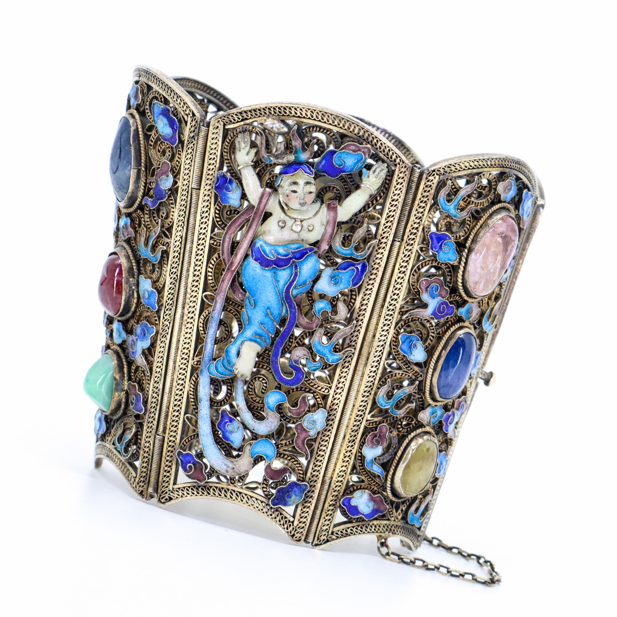 Antique, Old China Export, Ruby, Sapphire, Jade and Turmaline, Enamel Bracelet