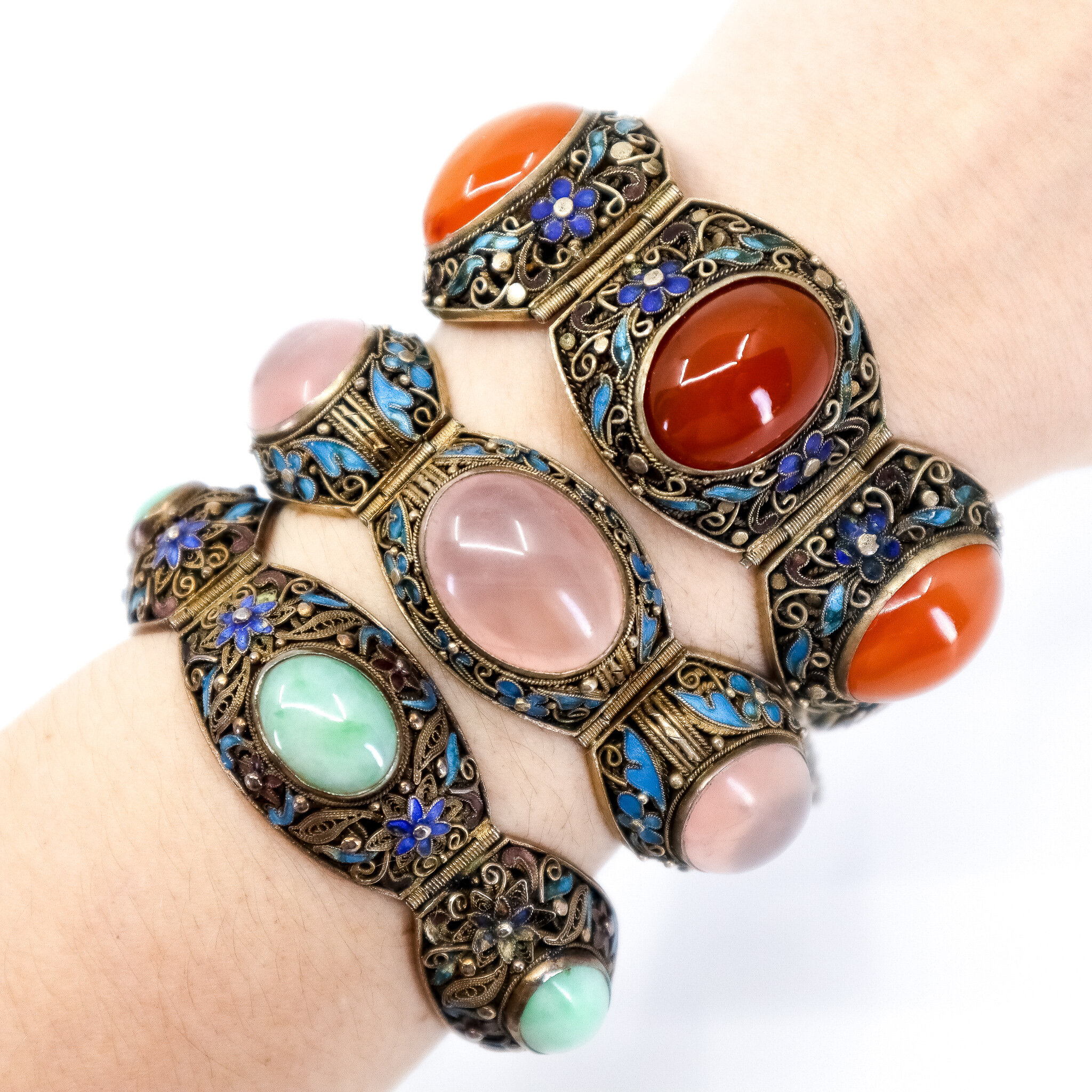 Rare, Old China Export, Quartz, Jade and Carnelian, Enamel Bracelets