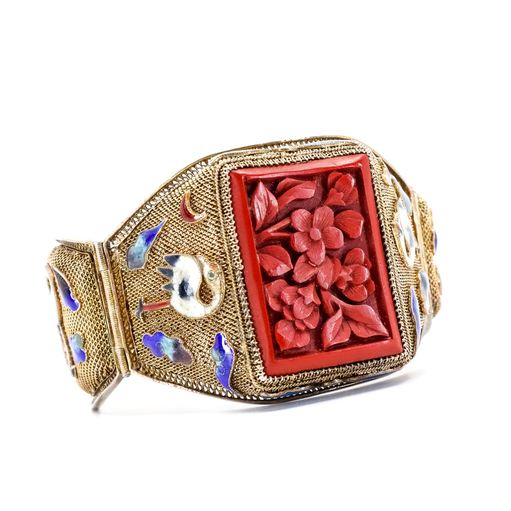 Rare, Old China Export, Carved Cinnabar and Enamel Bracelet