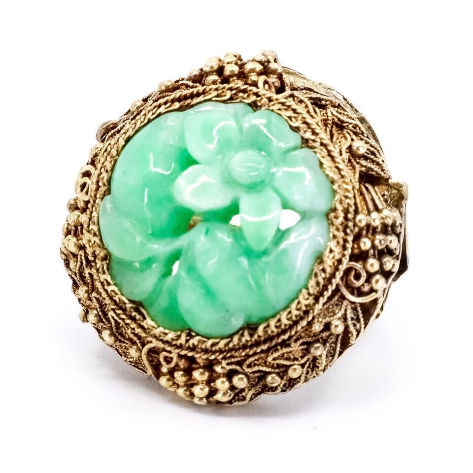 Old China Export, Carved Jade and Gilded Silver Ring