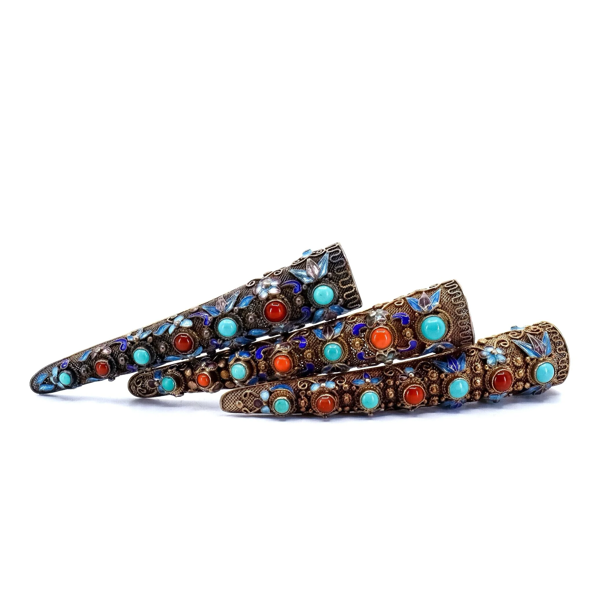 Vintage, Old China Export, Coral and Turquoise Fingernail Guard, Brooch Pin