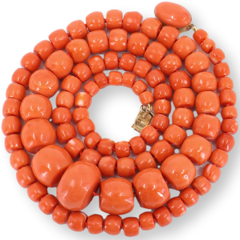 Classic and Long, Large Bead Coral Necklace