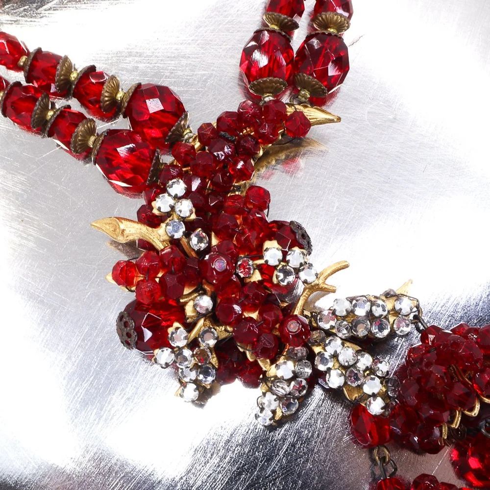 Miriam Haskell, Signed Vintage, 1950s Red Gripoix Glass Necklace 