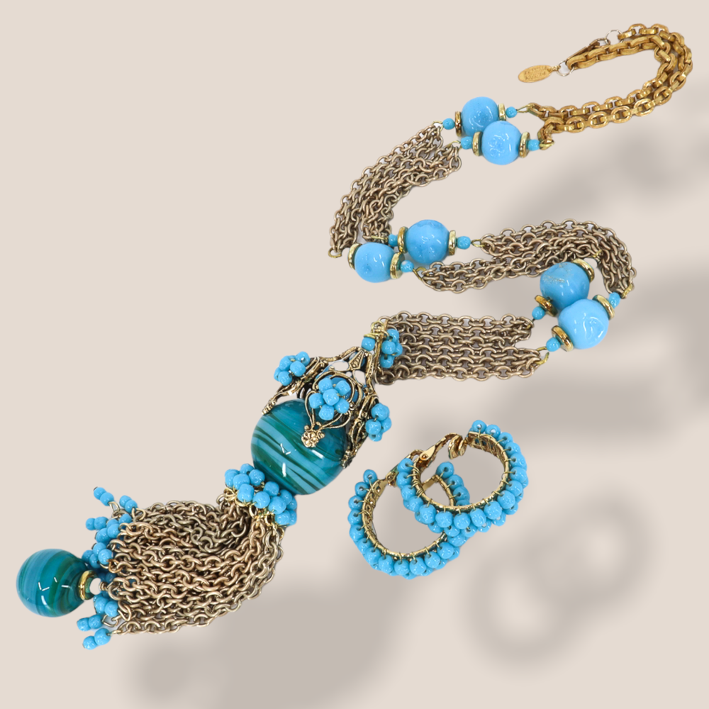 Miriam Haskell, Signed Vintage, Turquoise Gold Tassel Necklace +