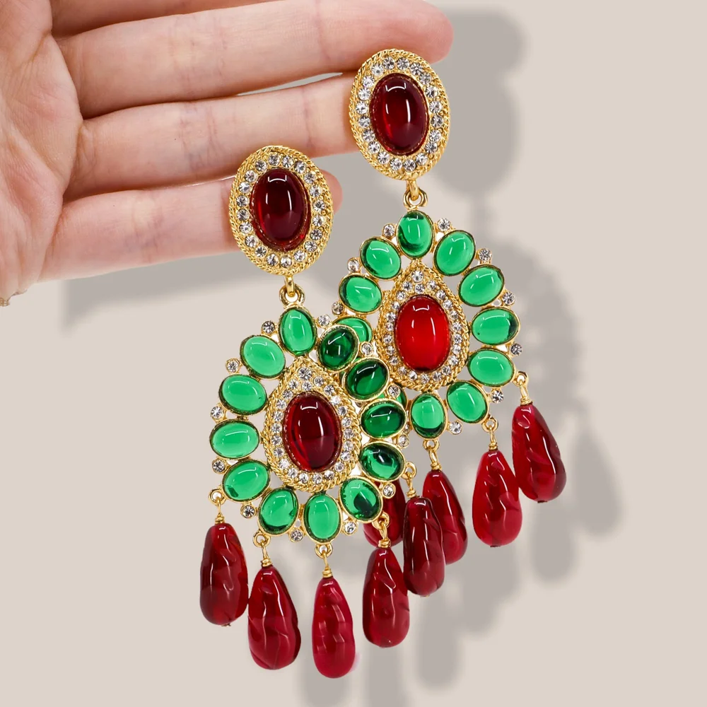 Kenneth Jay Lane, Emerald and Ruby Glass Cabochon Earrings - Main Image