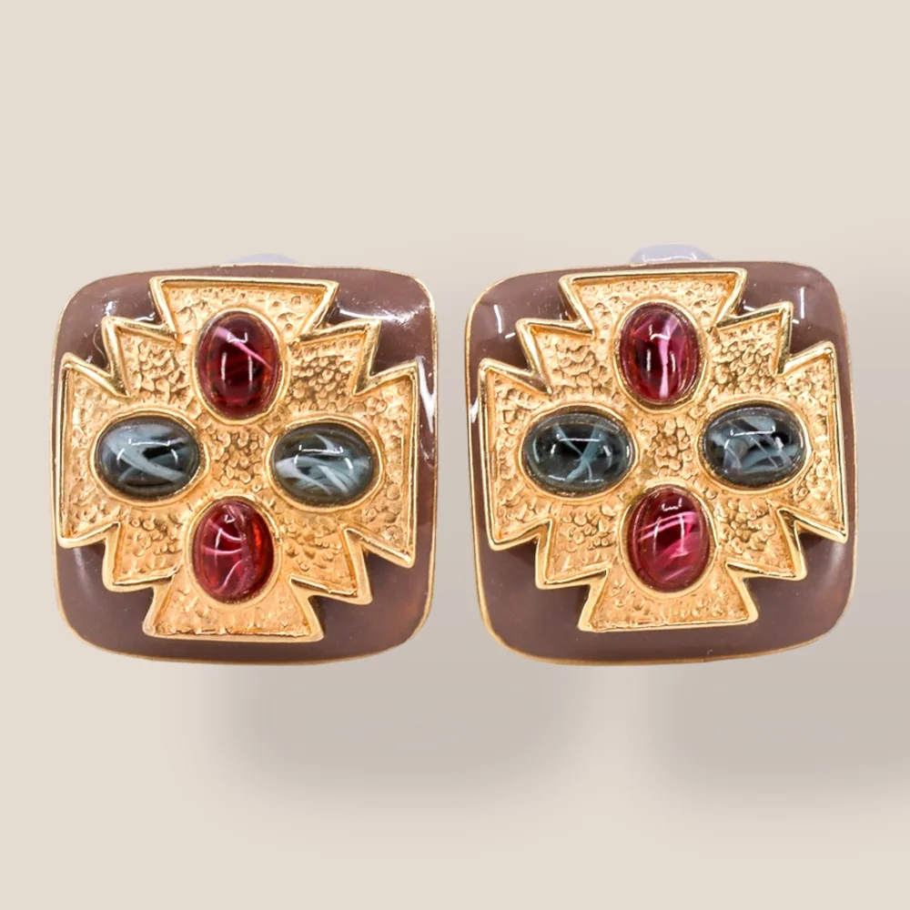 CINER, Signed Vintage, 18K Gold Plated, Cabochon Maltese Earrings