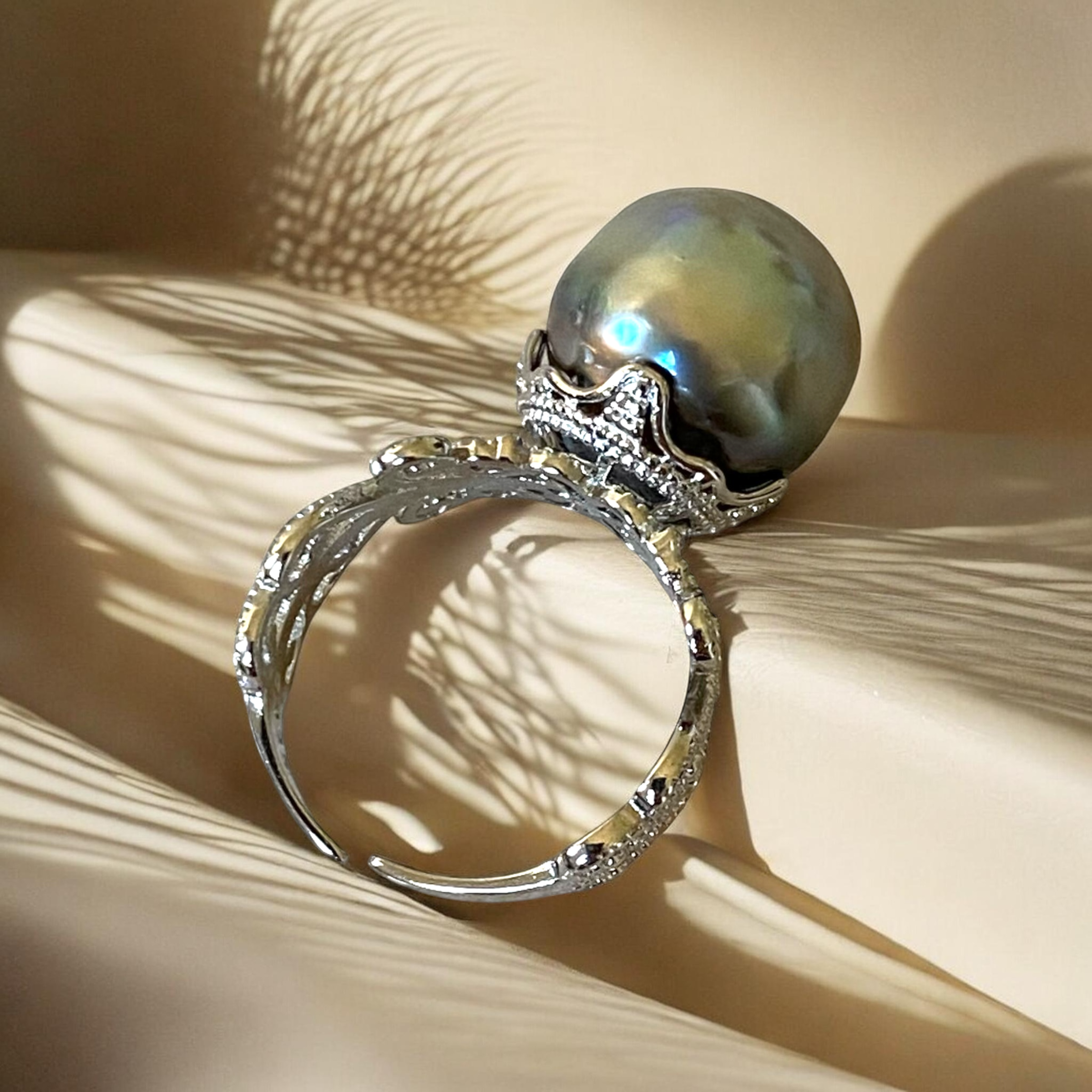 Extra Large, Tahitian, Peacock Pearl Ring in Silver Filigree Setting3.PNG