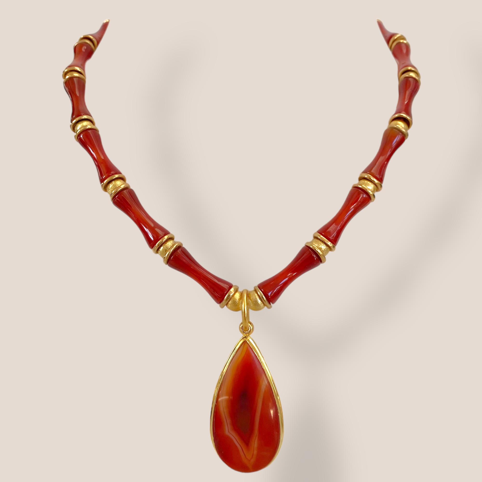 By Danilova, Teardrop, Carnelian Agate Chalcedony Gemstone & Vintage Bead Necklace