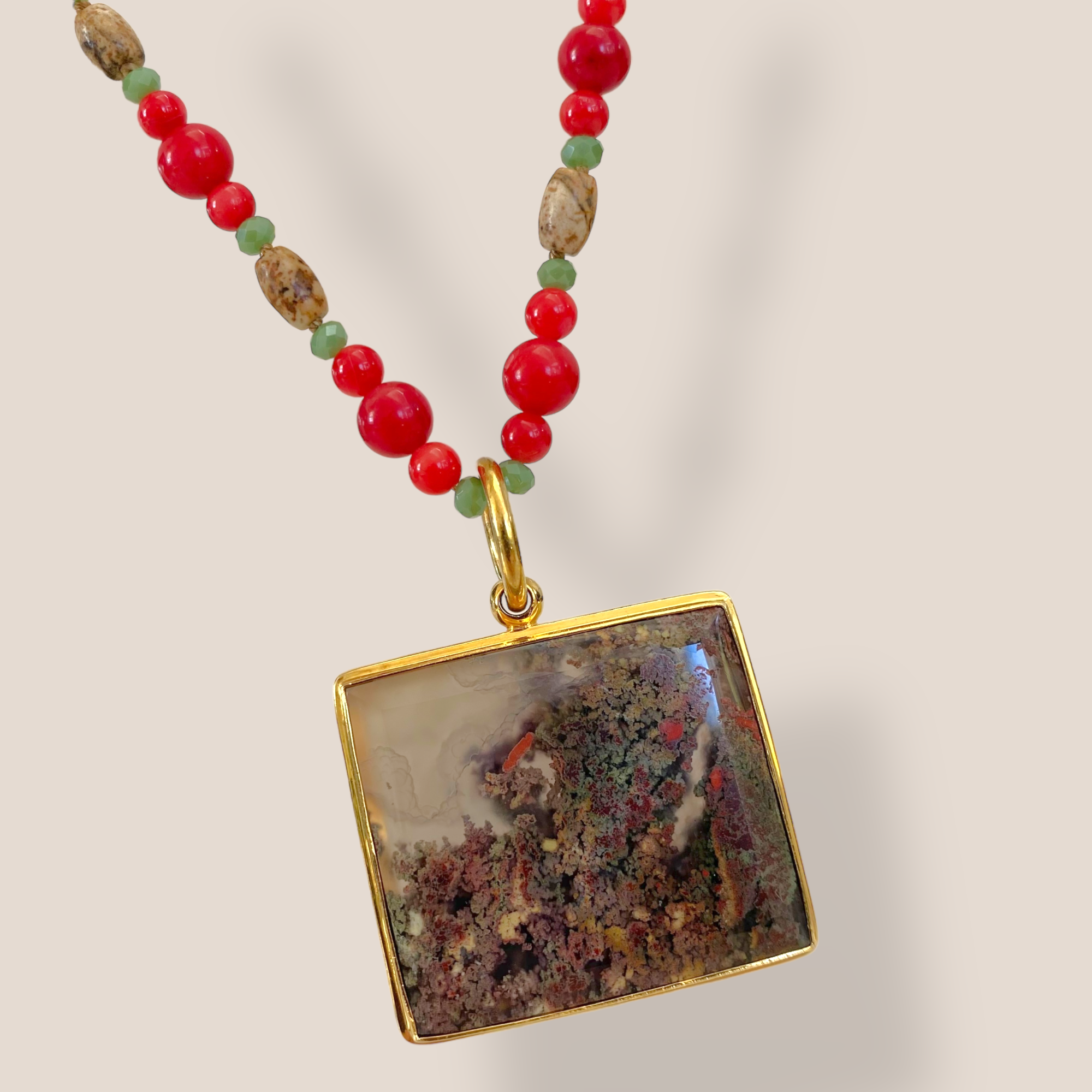 By Danilova, Square, Moss Agate Gemstone & Vintage Bead Necklace