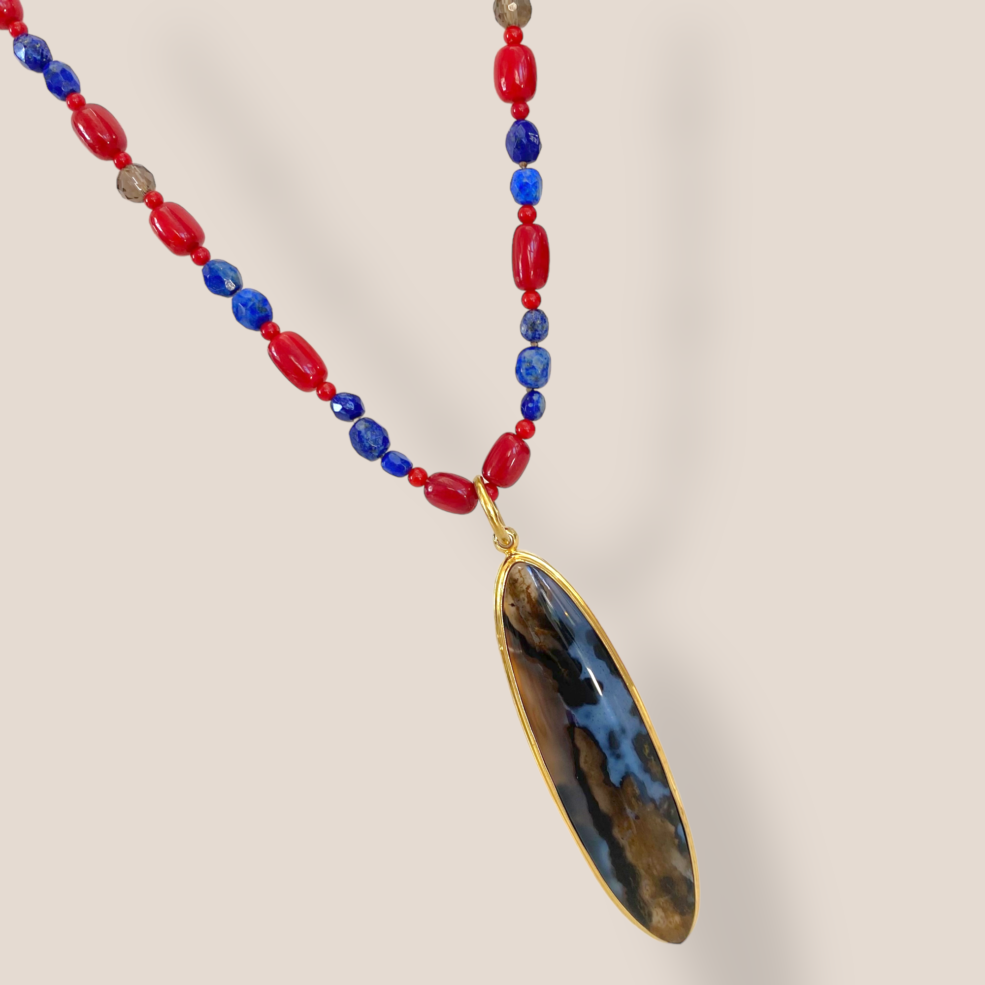 By Danilova, Elongated Oval, Pietersite Gemstone & Vintage Bead Necklace