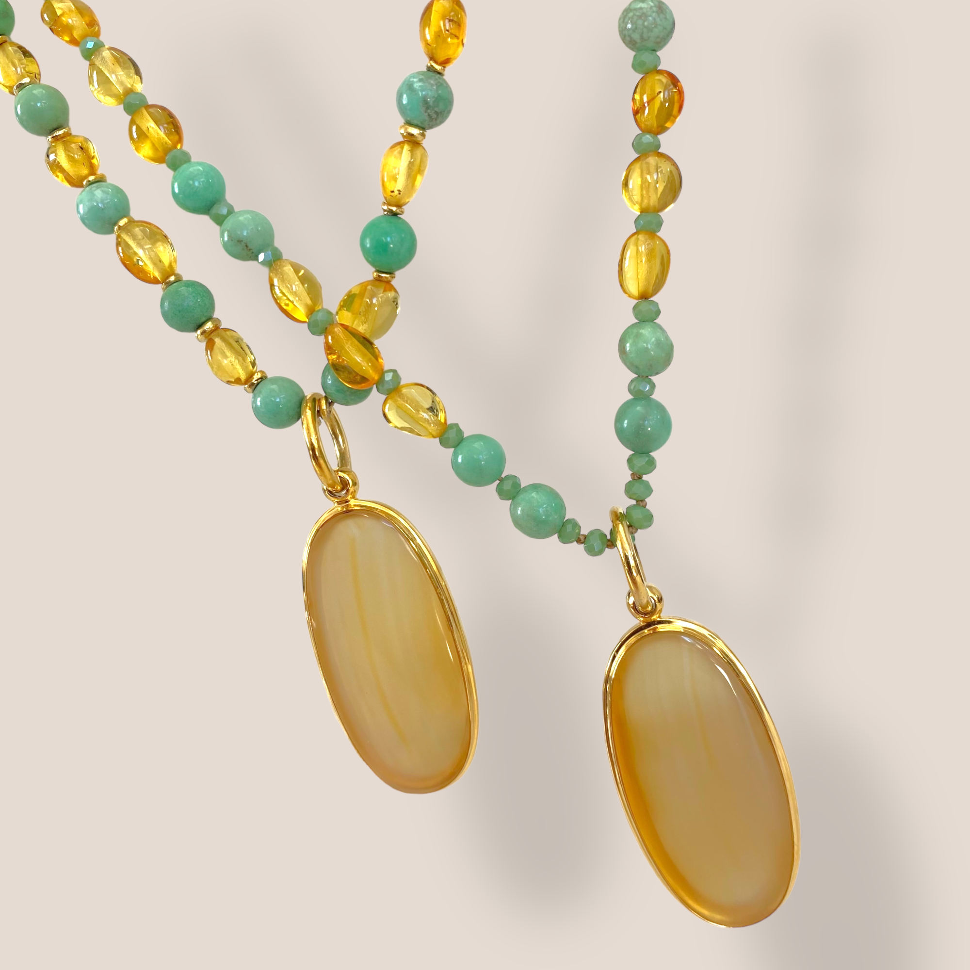 By Danilova, Oval, Agate Chalcedony Gemstone & Vintage Bead Necklace