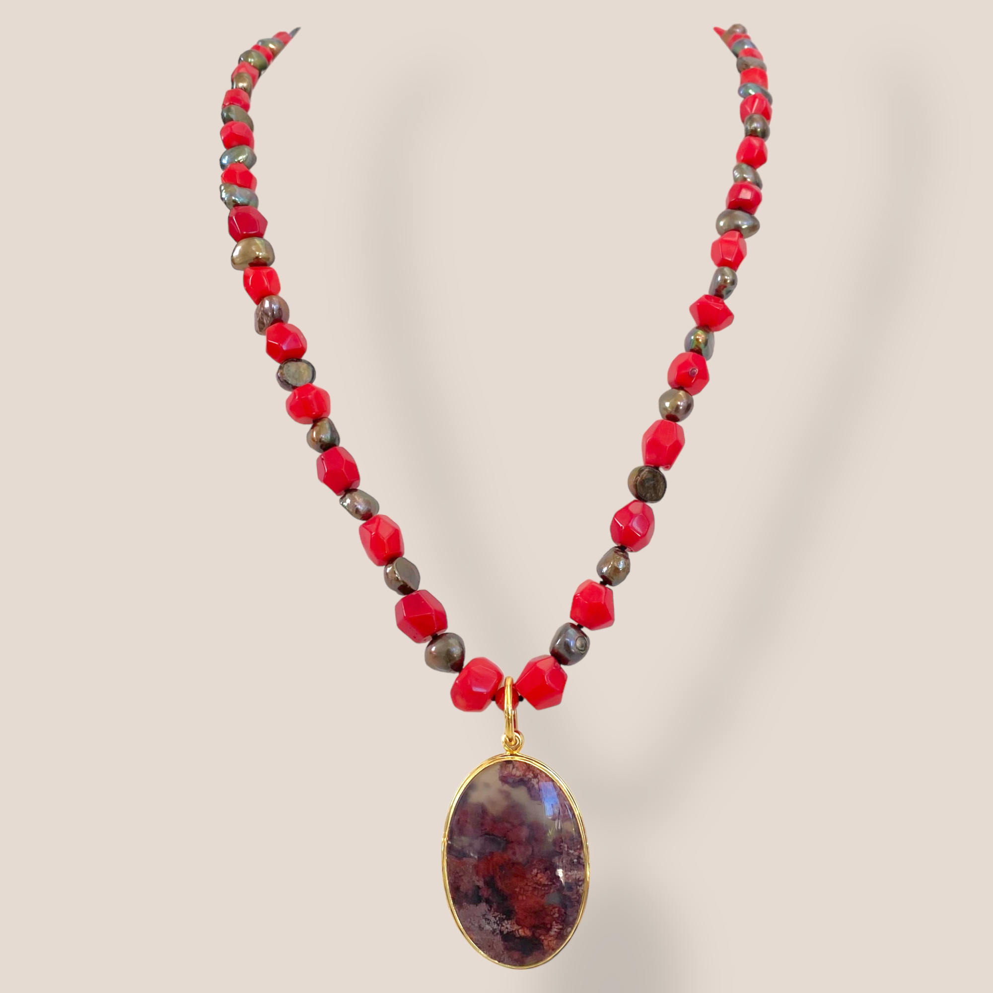 By Danilova, Oval, Moss Agate Gemstone & Vintage Bead Necklace