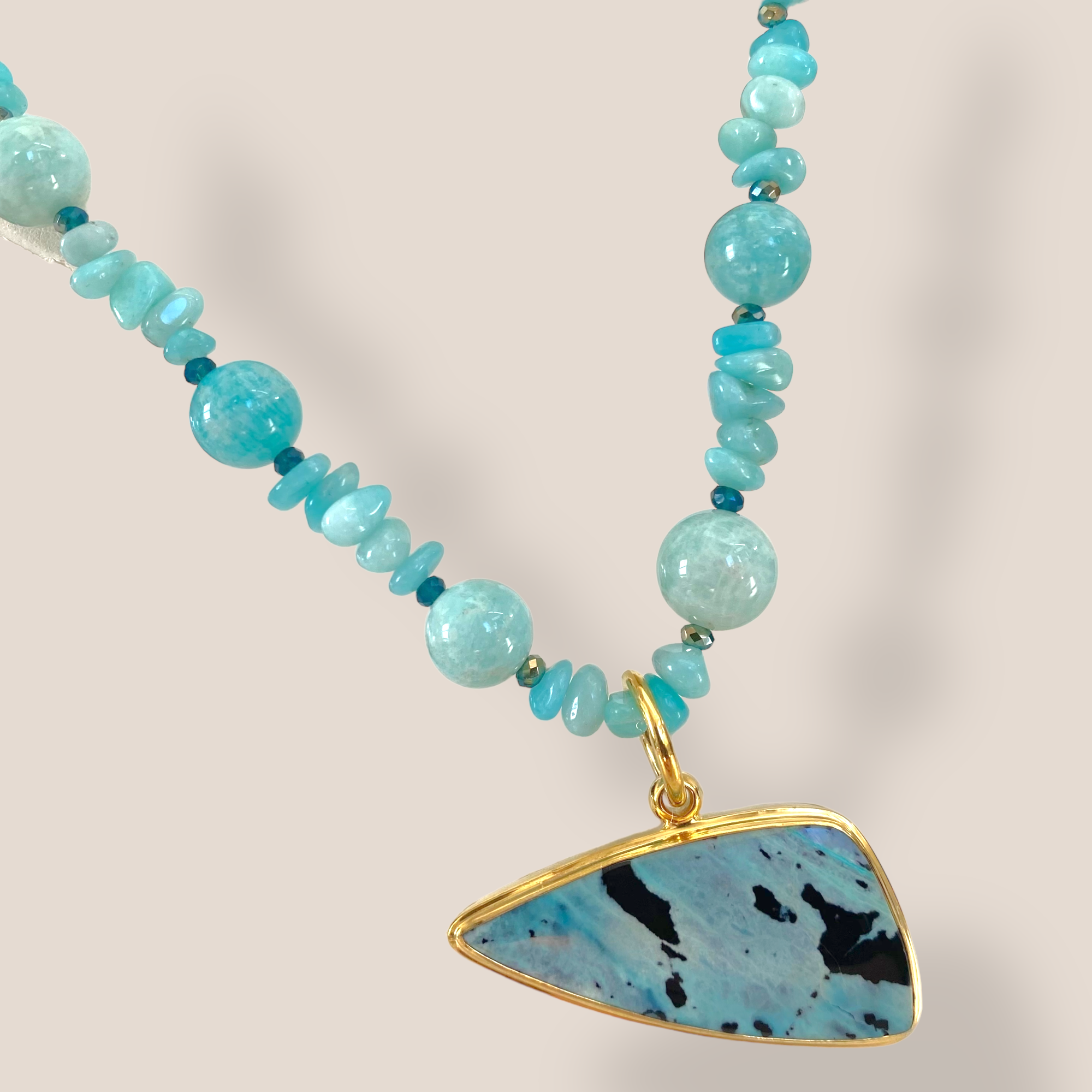 By Danilova, Triangular, Gem Silica Chrysocolla Bacan & Vintage Bead Necklace