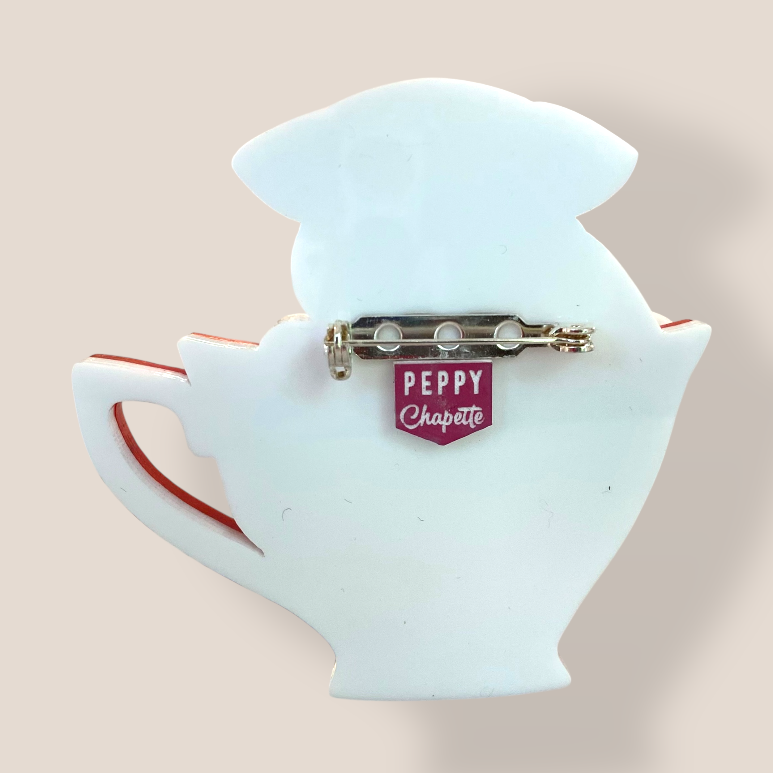 Danilova Jewellery, Peppy Chapette, Pug Cup Percy (2017) Acrylic Brooch2.png
