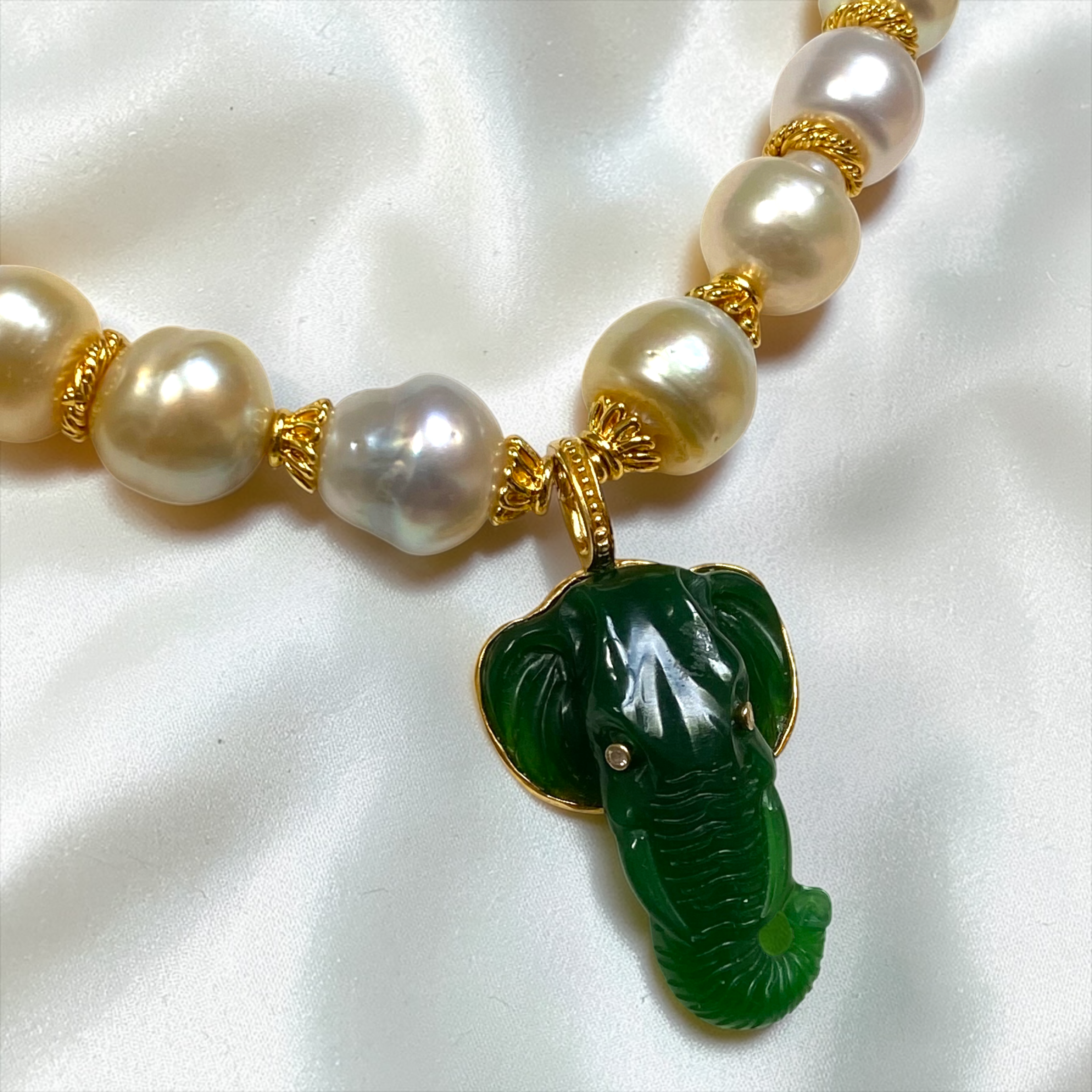 By Danilova, White Pearl, Jade & Diamond Elephant Pendant Necklace2.PNG